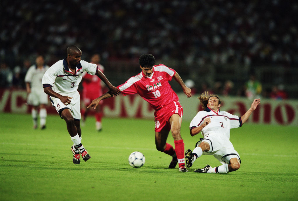 Ali Daei of Iran during a FIFA World Cup group match against the U.S. on June 21, 1998 at Stade Gerland, in Lyon, France. Iran won the match 2-1. (Stu Forster—Getty Images)