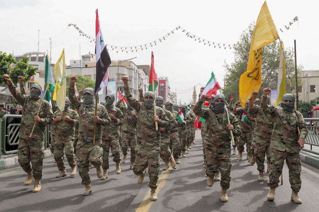 Iranian Basij paramilitary forces take part in a rally marking al-Quds day on a street in the capital Tehran, on April 29, 2022. (AFP/Getty Images)