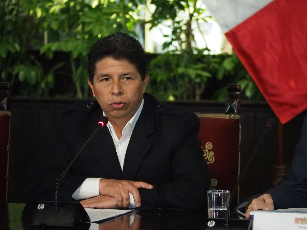 Pedro Castillo, former president of Peru, gives an emergency press conference. (Carlos Garcia—Granthon/Fotoholica Press/LightRocket/Getty Images))