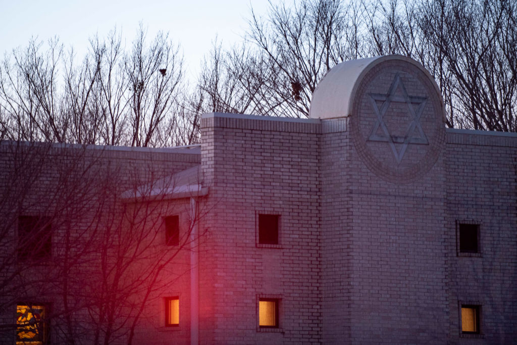 Congregation Beth Israel synagogue in Colleyville, Texas, on Jan. 17, 2022, days after four people were held hostage for more than 10 hours. (Emil Lippe—Getty Images)