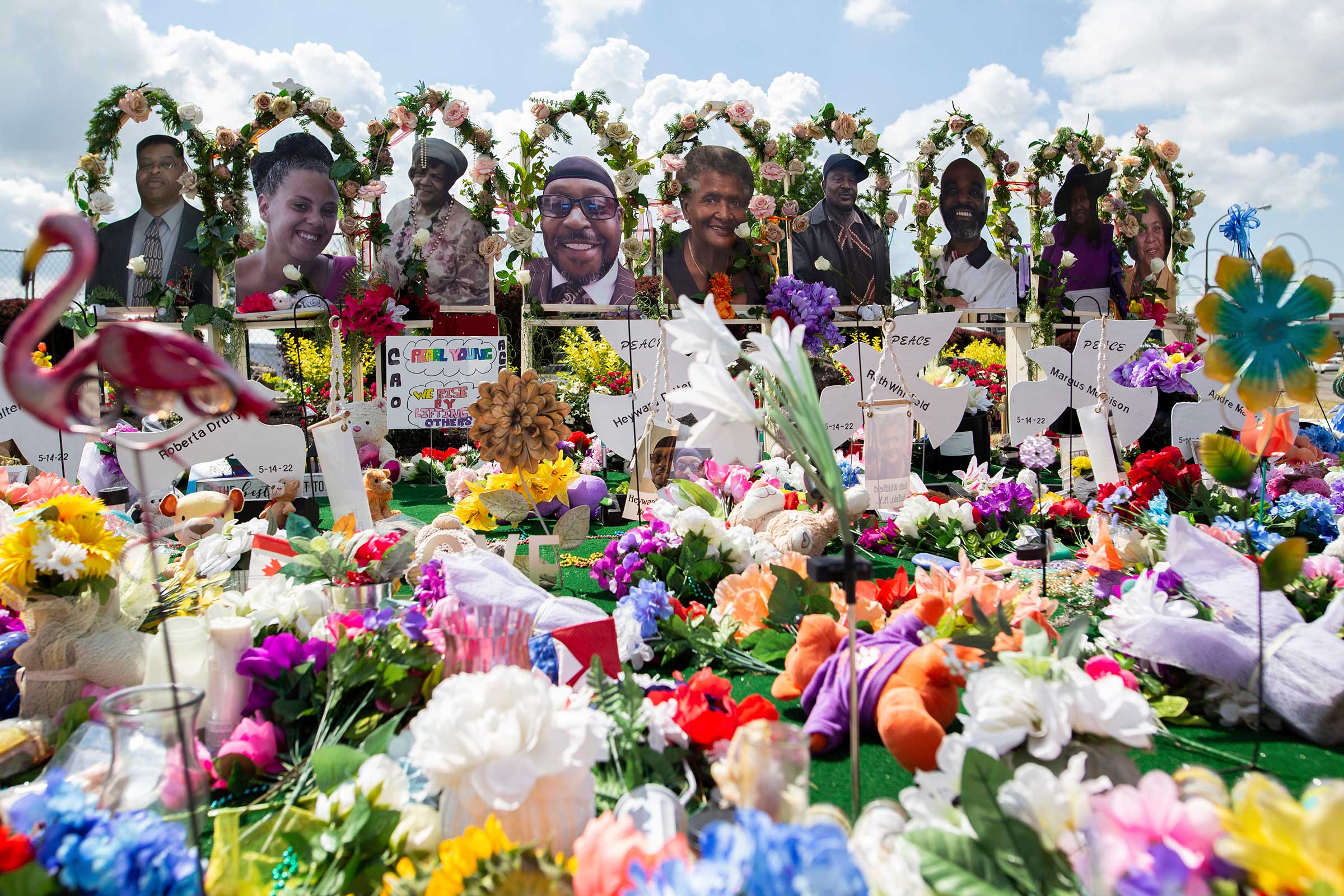 A memorial outside the Tops Friendly Market after a mass shooting in Buffalo, N.Y., is seen July 14, 2022. (Joshua Bessex—AP)