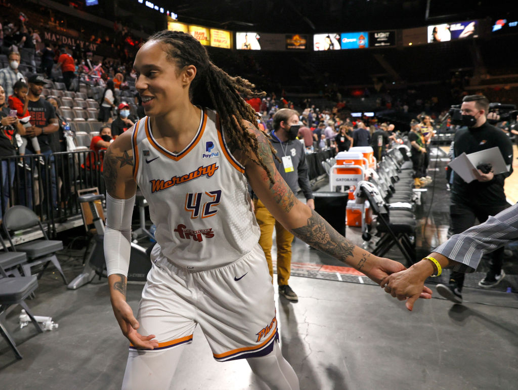 Brittney Griner #42 of the Phoenix Mercury leaves the court after Game Two of the 2021 WNBA Playoffs semifinals against the Las Vegas Aces at Michelob ULTRA Arena in Las Vegas, Nevada, on September 30, 2021. (Ethan Miller—Getty Images)