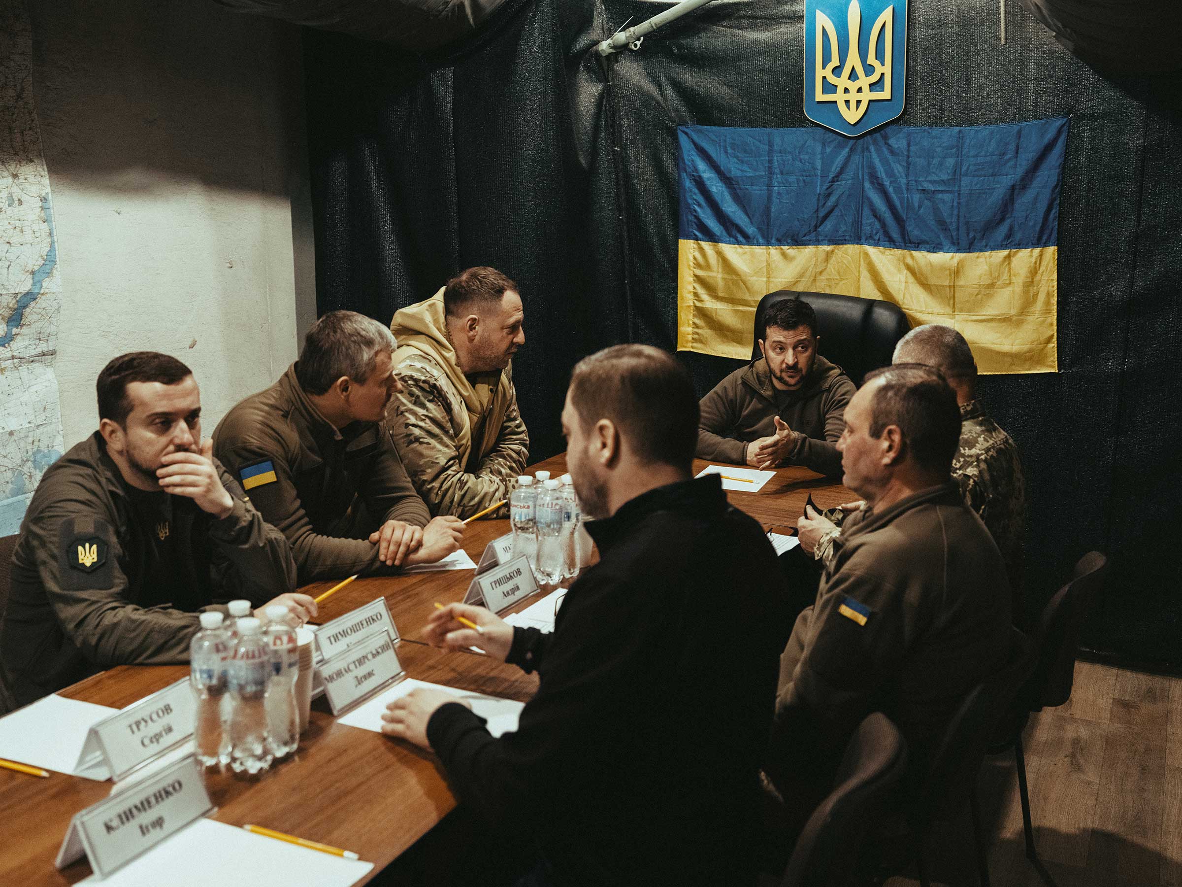 Ukrainian President <a href="https://time.com/person-of-the-year-2022-volodymyr-zelensky/">Volodymyr Zelensky</a> meets with military advisers in a hidden bomb-proof bunker near the front lines in Kherson on Nov. 14. (Maxim Dondyuk for TIME)