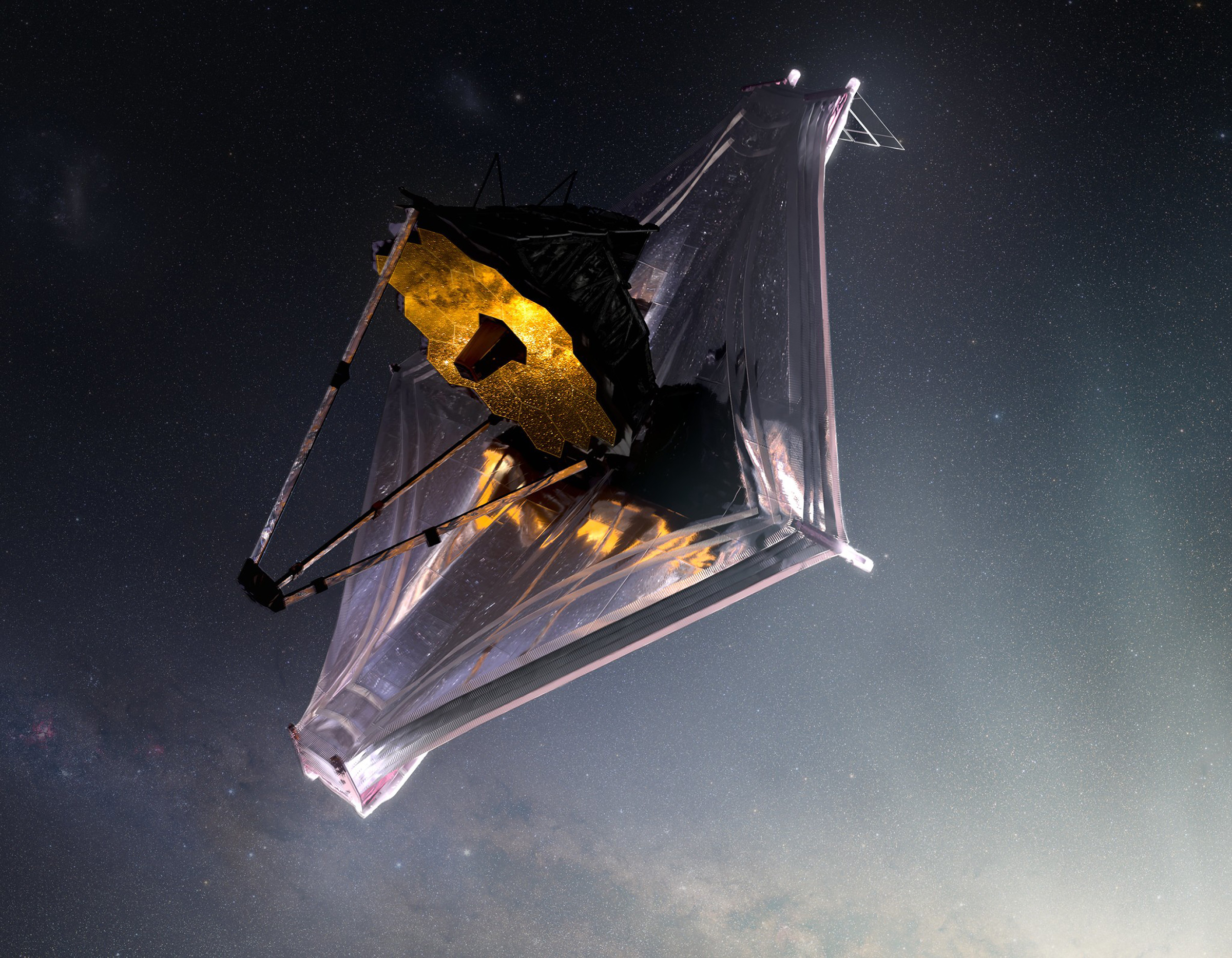 The Webb telescope depicted by an artist as it might look in space. (NASA GSFC/CIL/Adriana Manrique Gutierrez)