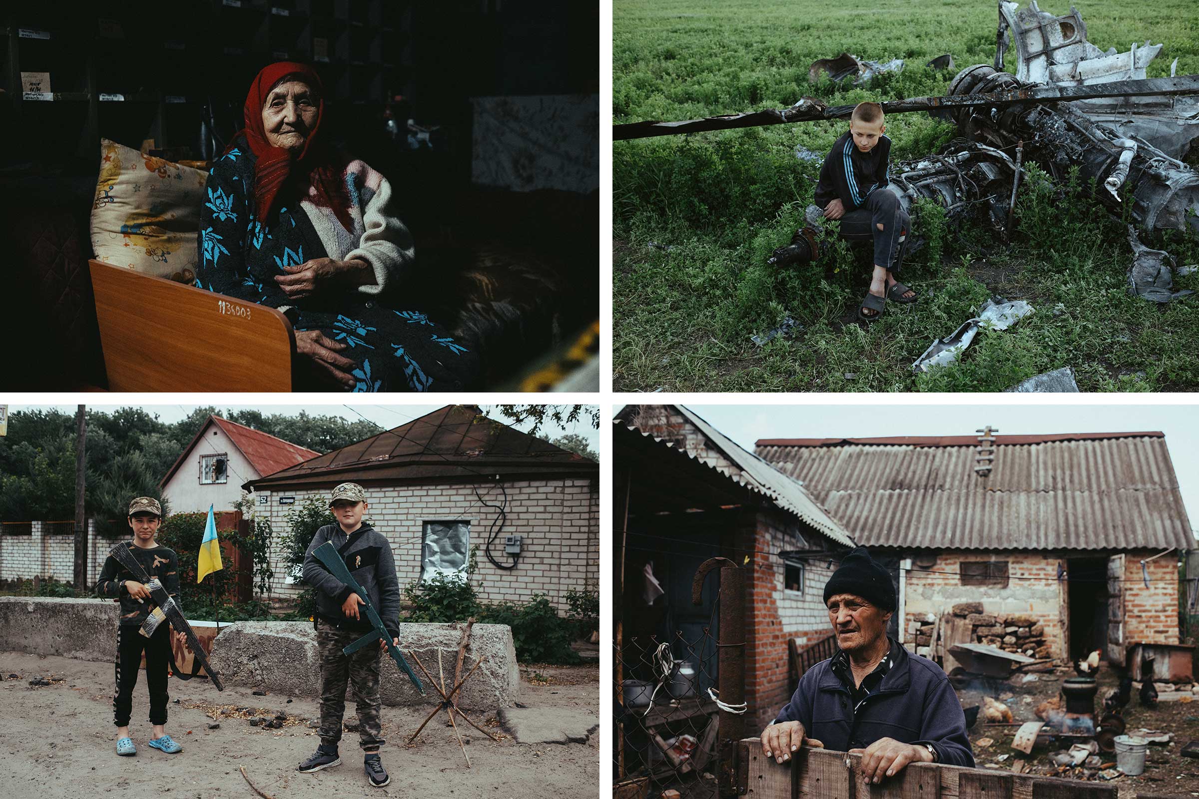 Top row: Stefania, 95, lives in a bomb shelter in the city of Chuhuiv; the remains of a destroyed Russian helicopter in the village of Malaya Rohan in May. Bottom: two friends, ages 10 and 11, establish a checkpoint near their damaged homes in the Kharkiv region; Volodymyr, 76, cooks in the courtyard of his home in the village of Vilkhivka. (Maxim Dondyuk)