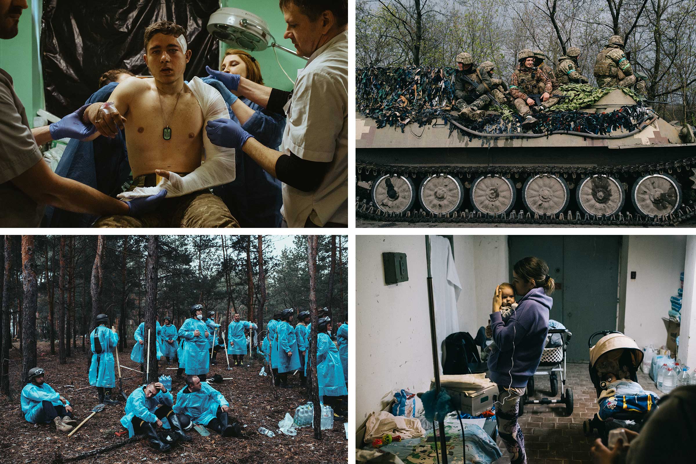 Top row: a wounded soldier at a hospital in the Donbas region in May; inside a bomb shelter beneath a children’s hospital in the first days of the invasion. Bottom row: exhuming mass graves near Izyum in September; Ukrainian soldiers in the Donetsk region in April. (Maxim Donyuk)