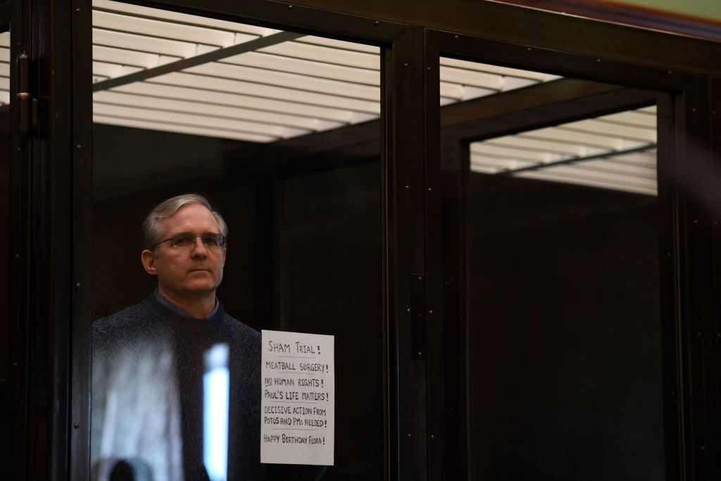 Paul Whelan, a former US marine accused of espionage and arrested in Russia in December 2018, stands inside a defendants' cage as he waits to hear his verdict in Moscow on June 15, 2020. (Kirill Kudryavtsev—AFP/Getty Images)