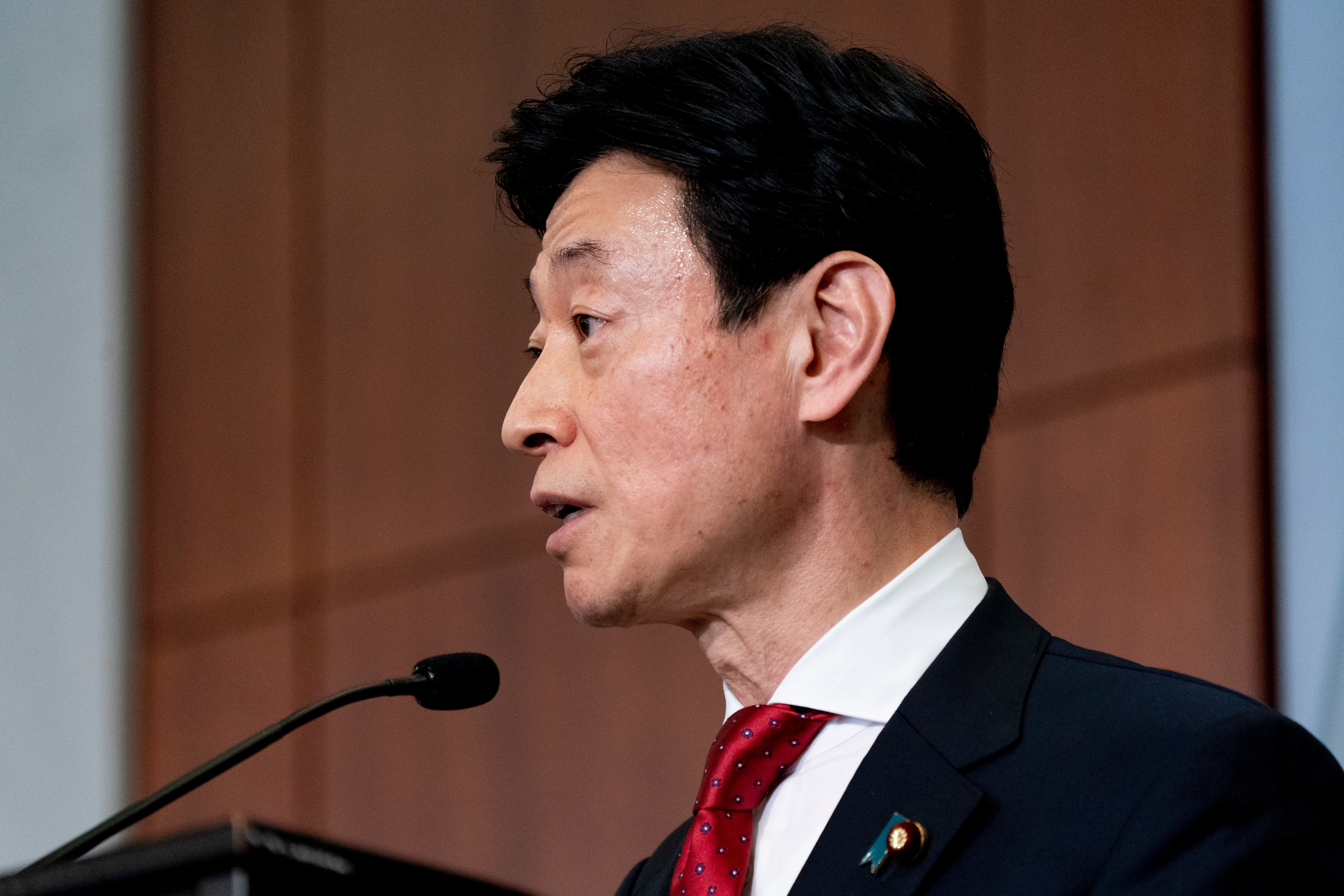 Japan's Minister of Economy, Trade, and Industry Yasutoshi Nishimura​ speaks to the Center of Strategic and International Studies regarding Japan's 2023 G7 priorities, in Washington, D.C., Thursday, Jan. 5, 2023. (AP Photo—Jacquelyn Martin)