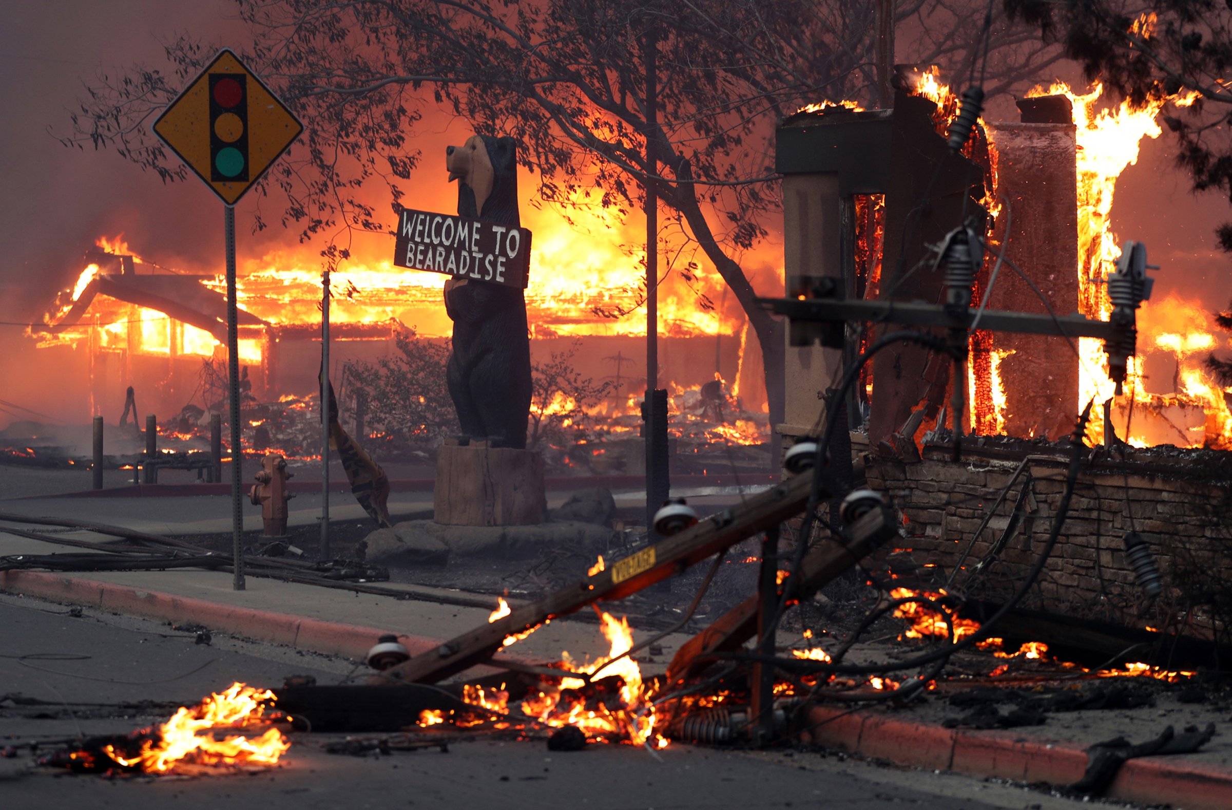 A Black Bear Diner and nearby businesses burn as the Camp Fire destroys a large portion of Paradise in Butte County, Calif.. on Thursday, November 8, 2018. The wildfire claimed 85 lives and over 14,000 structures and left 50,000 homeless.