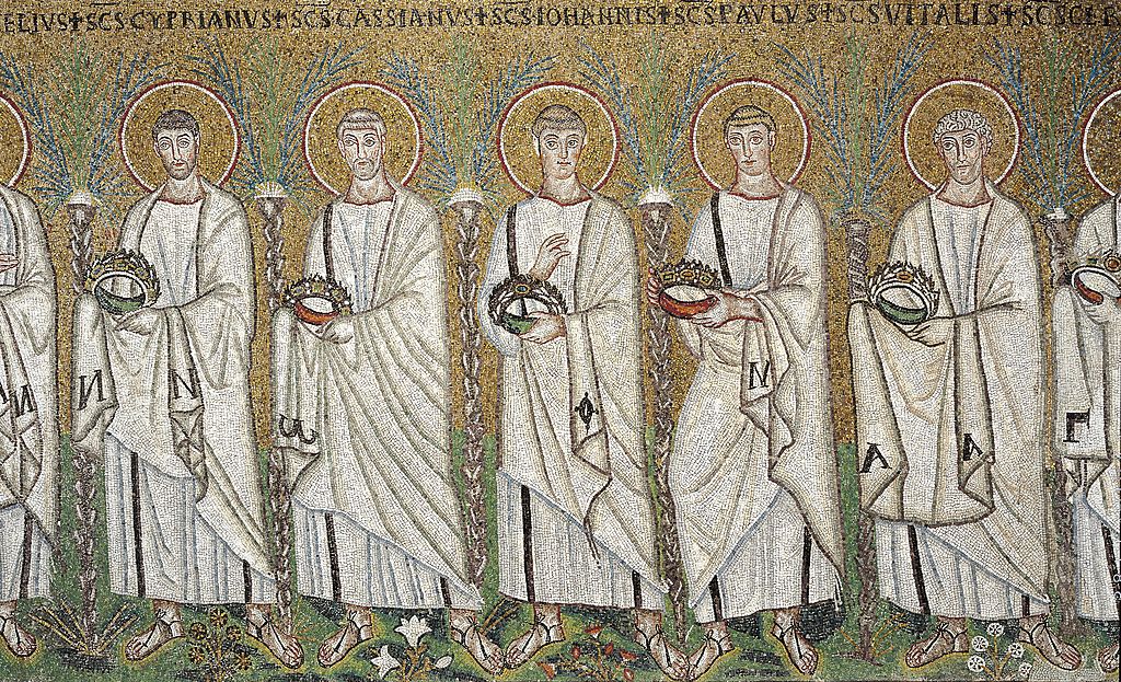 Christian Monks, St. Cyprian, St. Cassian, St. John, St. Paul and St. Vitalis, from the Saints Procession mosaic in the Basilica di Sant'Apollinare Nuovo in Ravenna, Italy. (De Agostini/Getty Images)