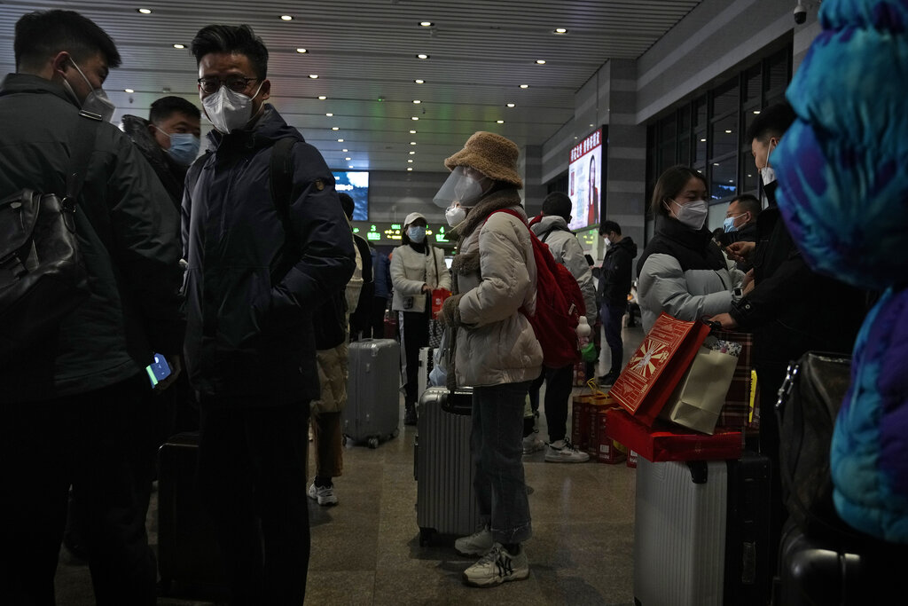 Travelers prepare to catch their trains at the West Railway Station in Beijing, China, on Jan. 15, 2023. (Andy Wong—AP)