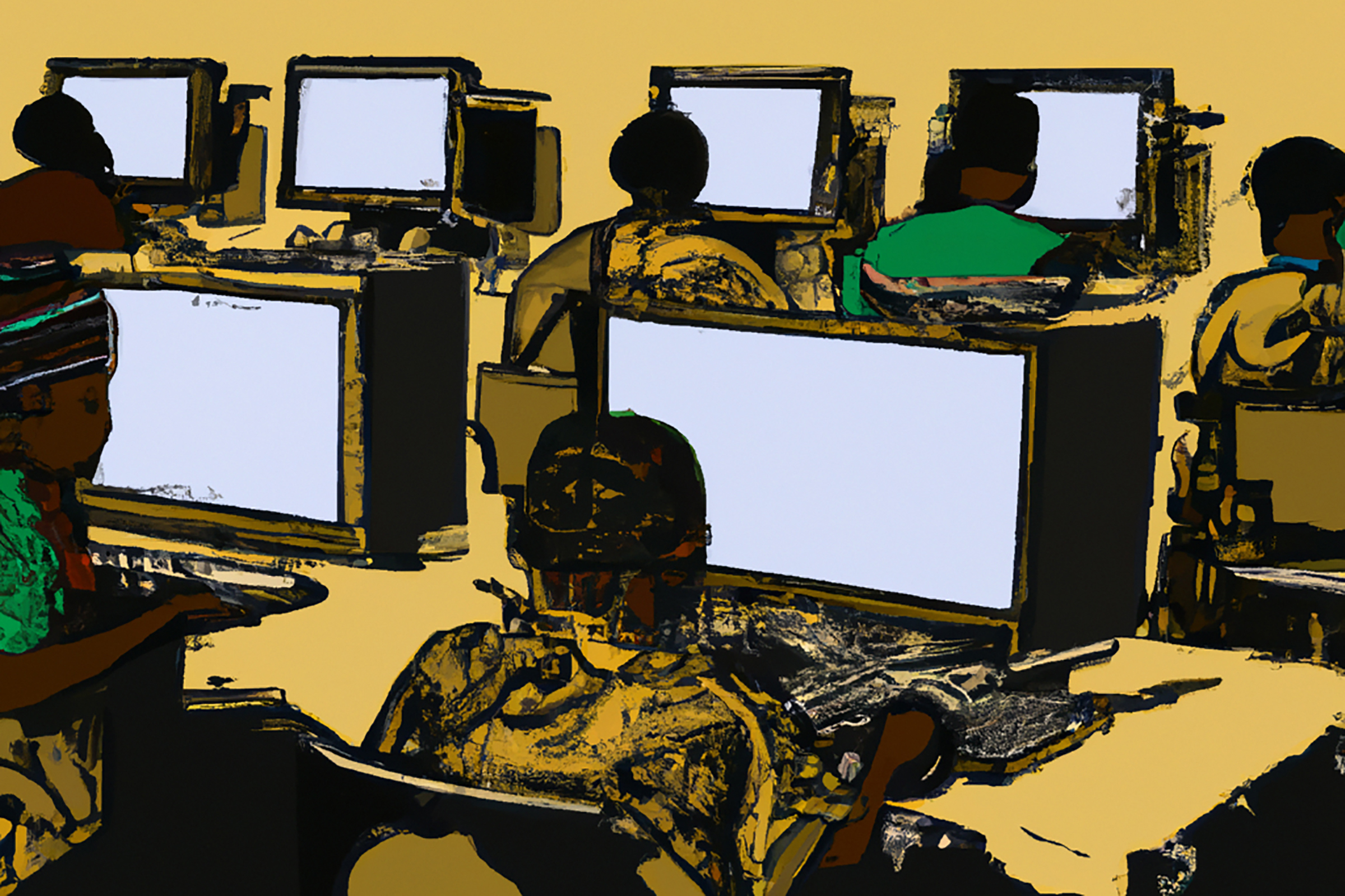 This image was generated by OpenAI's image-generation software, Dall-E 2. The prompt was: "A seemingly endless view of African workers at desks in front of computer screens in a printmaking style." TIME does not typically use AI-generated art to illustrate its stories, but chose to in this instance in order to draw attention to the power of OpenAI's technology and shed light on the labor that makes it possible. (Image generated by Dall-E 2/OpenAI)