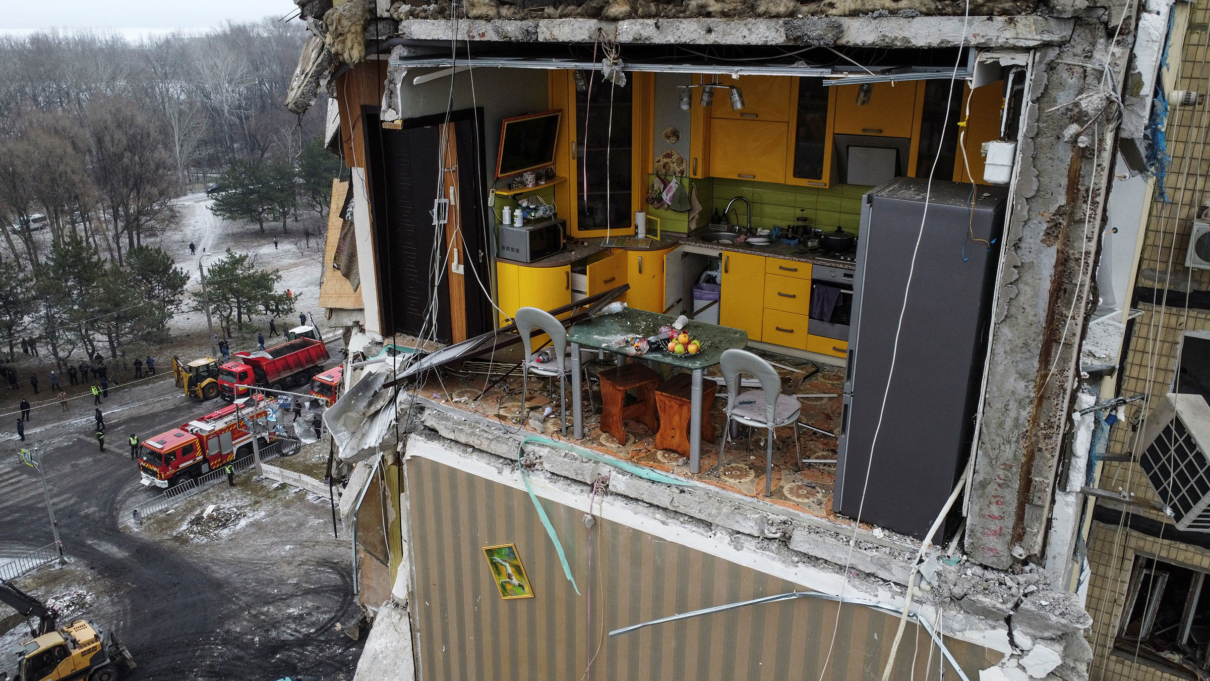 A view shows a kitchen inside an apartment damaged by a Russian missile strike in Dnipro, Ukraine on Jan. 15, 2023. (Yan Dobronosov—Reuters)