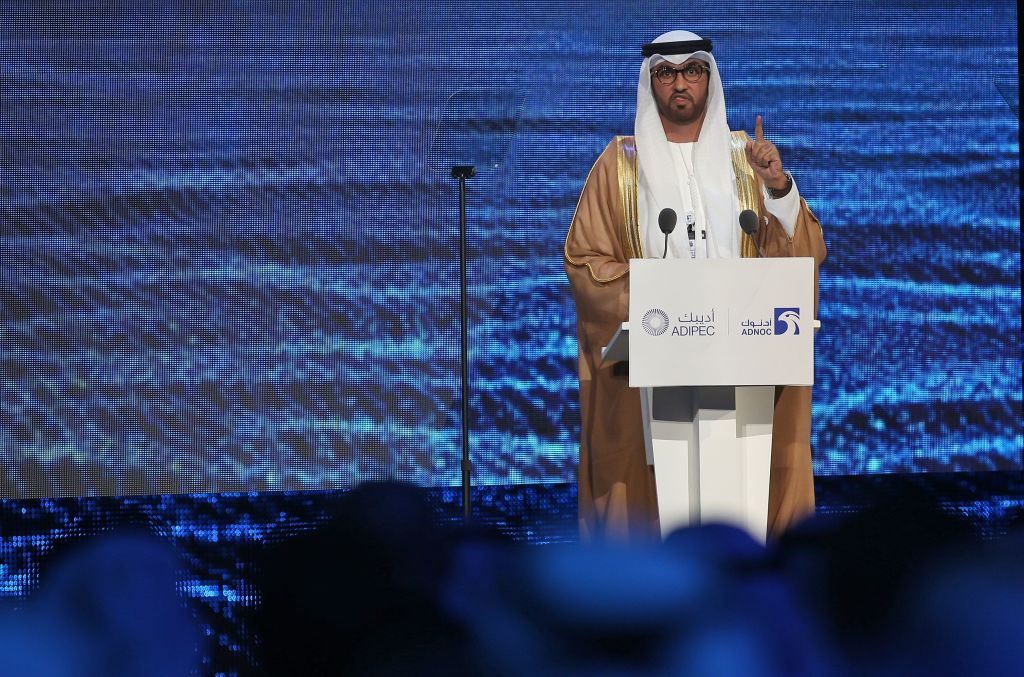 UAE's Minister of State and CEO of the Abu Dhabi National Oil Company (ADNOC) Sultan ahmed al-Jaber speaks during the opening ceremony of the Abu Dhabi International Petroleum Exhibition and Conference (ADIPEC) on November 11, 2019. (AFP via Getty Images)