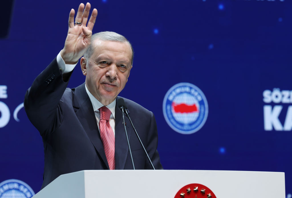Turkish President Recep Tayyip Erdogan makes a speech as he attends a program at the ATO Convention and Exhibition Center in Ankara, Turkiye on January 03, 2023. (Mustafa Kamaci-Anadolu Agency)