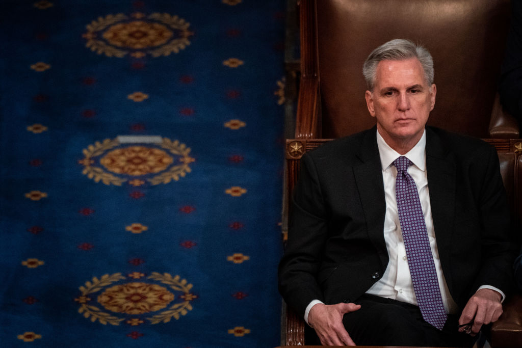 Rep. Kevin McCarthy stares off into the distance while on the floor of the House on Wednesday, Jan. 4, 2023 in Washington, DC. (Kent Nishimura—Los Angeles Times via Getty Images)