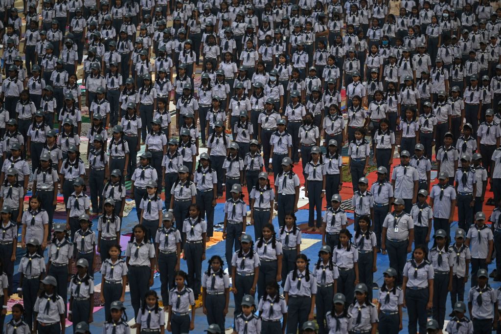 School students take part in a yoga training session in Chennai on January 7, 2023. (Arun Sankar—AFP/Getty Images)