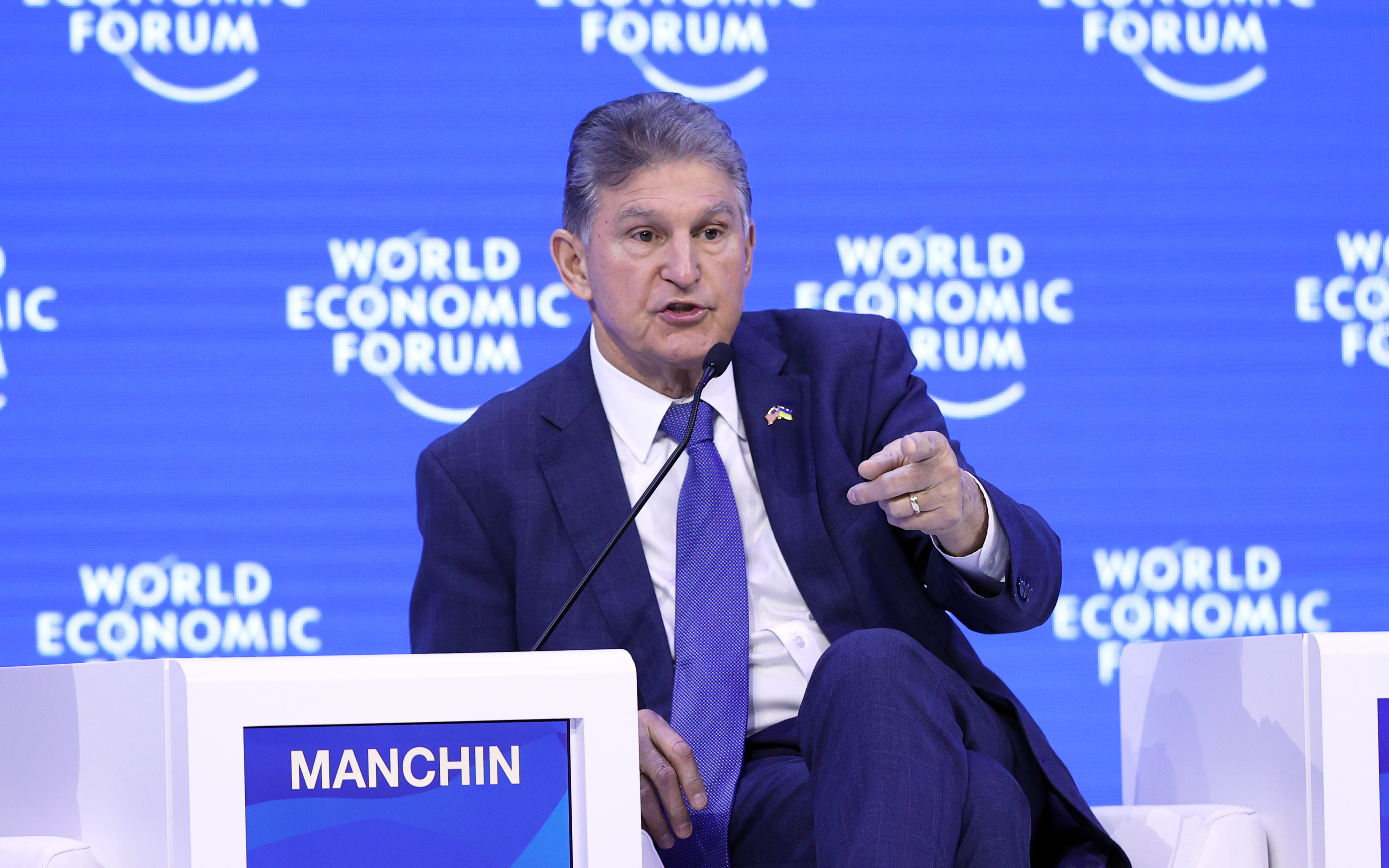U.S. Senator Joe Manchin attends a special session within the World Economic Forum (WEF) in Davos, Switzerland on January 19, 2023. (Photo by Dursun Aydemir/Anadolu Agency via Getty Images)