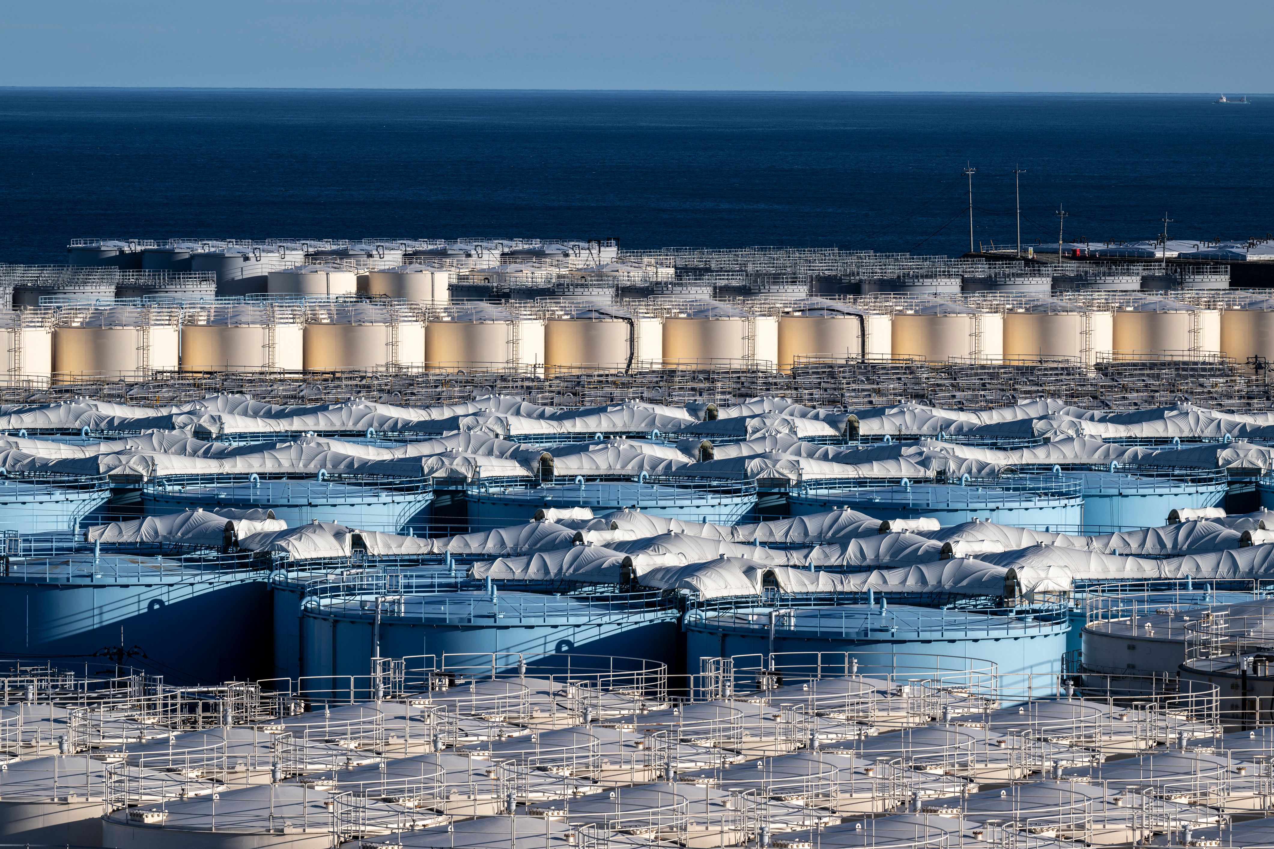 Storage tanks for contaminated water at the Fukushima Daiichi nuclear power plant in Japan, Jan. 20, 2023. (Philip Fong—AFP/Getty Images)