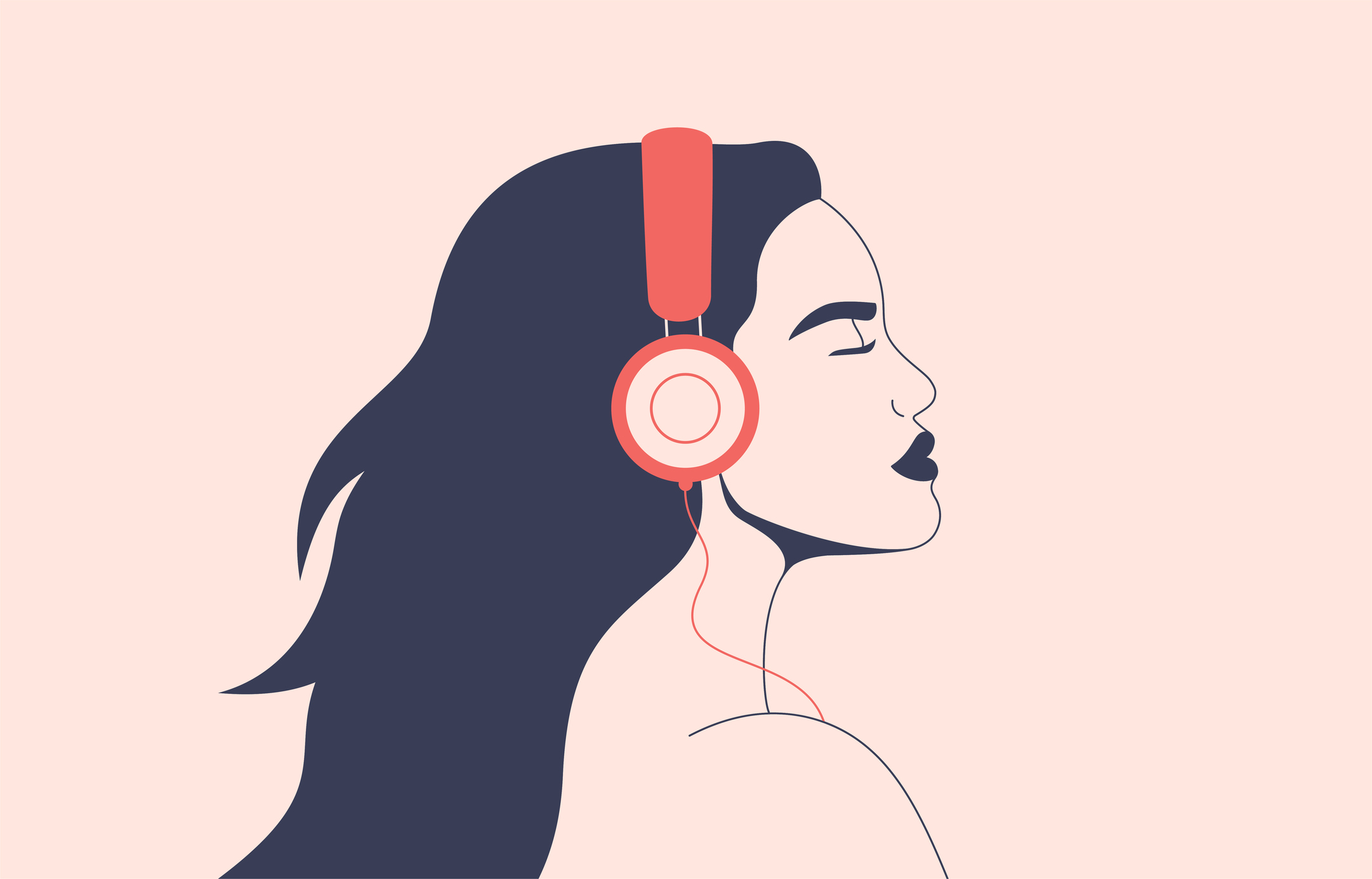Confident woman listens to music with headphones. Girl with flying hair in earphones enjoying the sound.