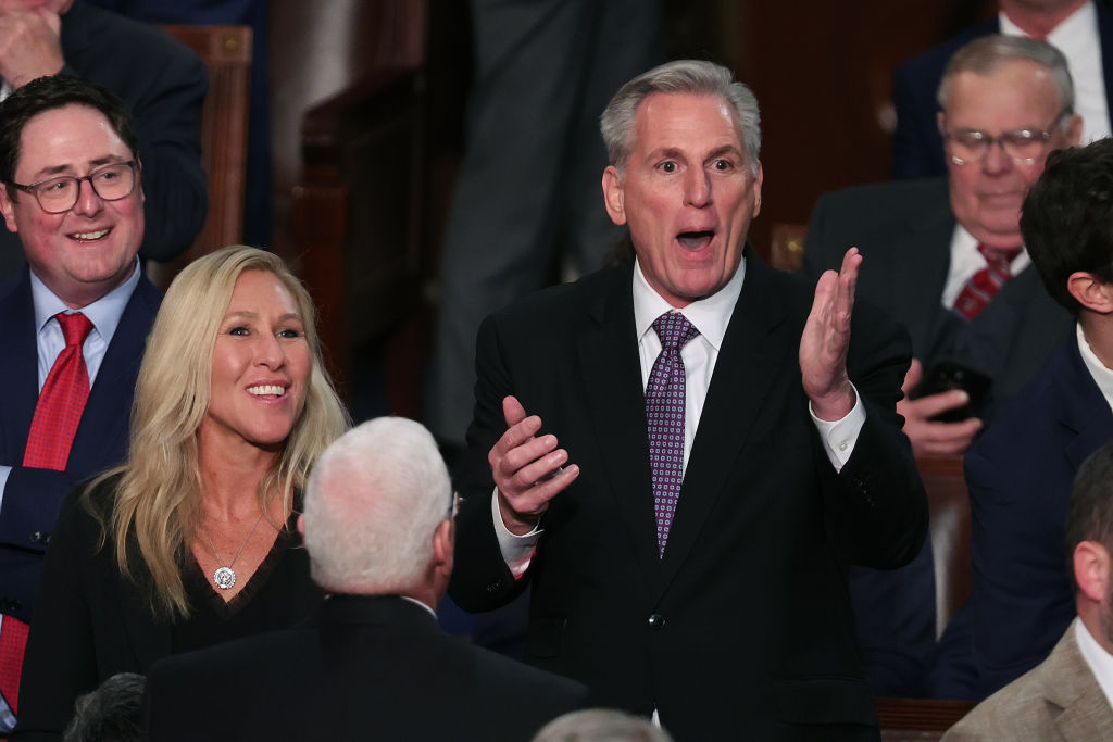 Reps. Marjorie Taylor Greene and Kevin McCarthy react amid a day of votes that culminated in McCarthy's election as House Speaker at the U.S. Capitol on January 04, 2023 in Washington, DC. (Getty Images&mdash;2023 Getty Images)