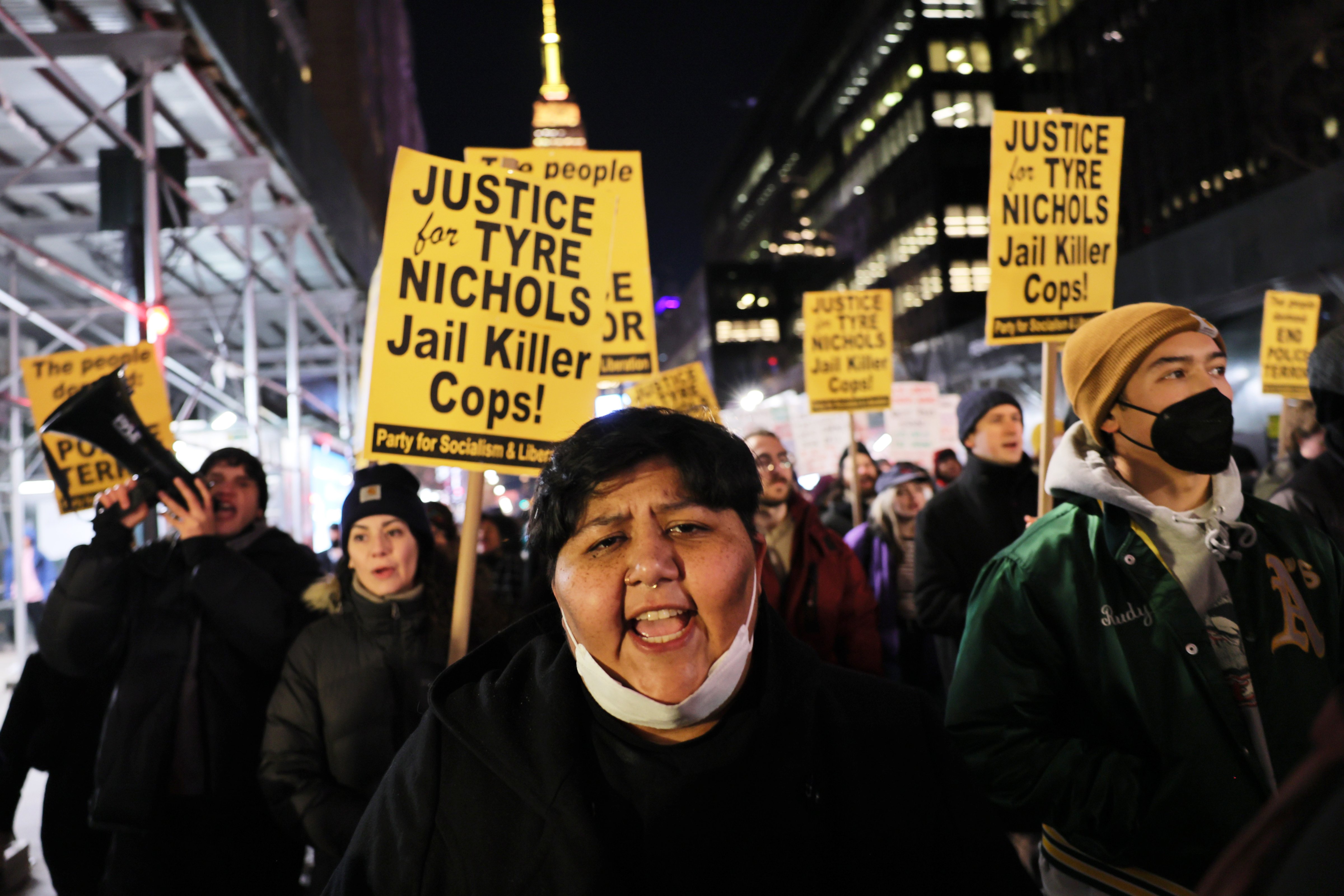 People march while protesting the death of Tyre Nichols in New York City, NY, on January 27, 2023. (Michael M. Santiago—Getty Images)