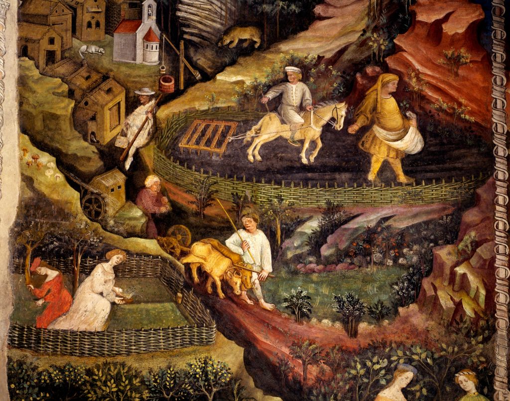 “Work in the fields,” detail from the month of Oct., in the Cycle of the Months fresco by Master Venceslao, displayed in Buonconsiglio Castle, in Trento, Italy. (De Agostini—Getty Images)