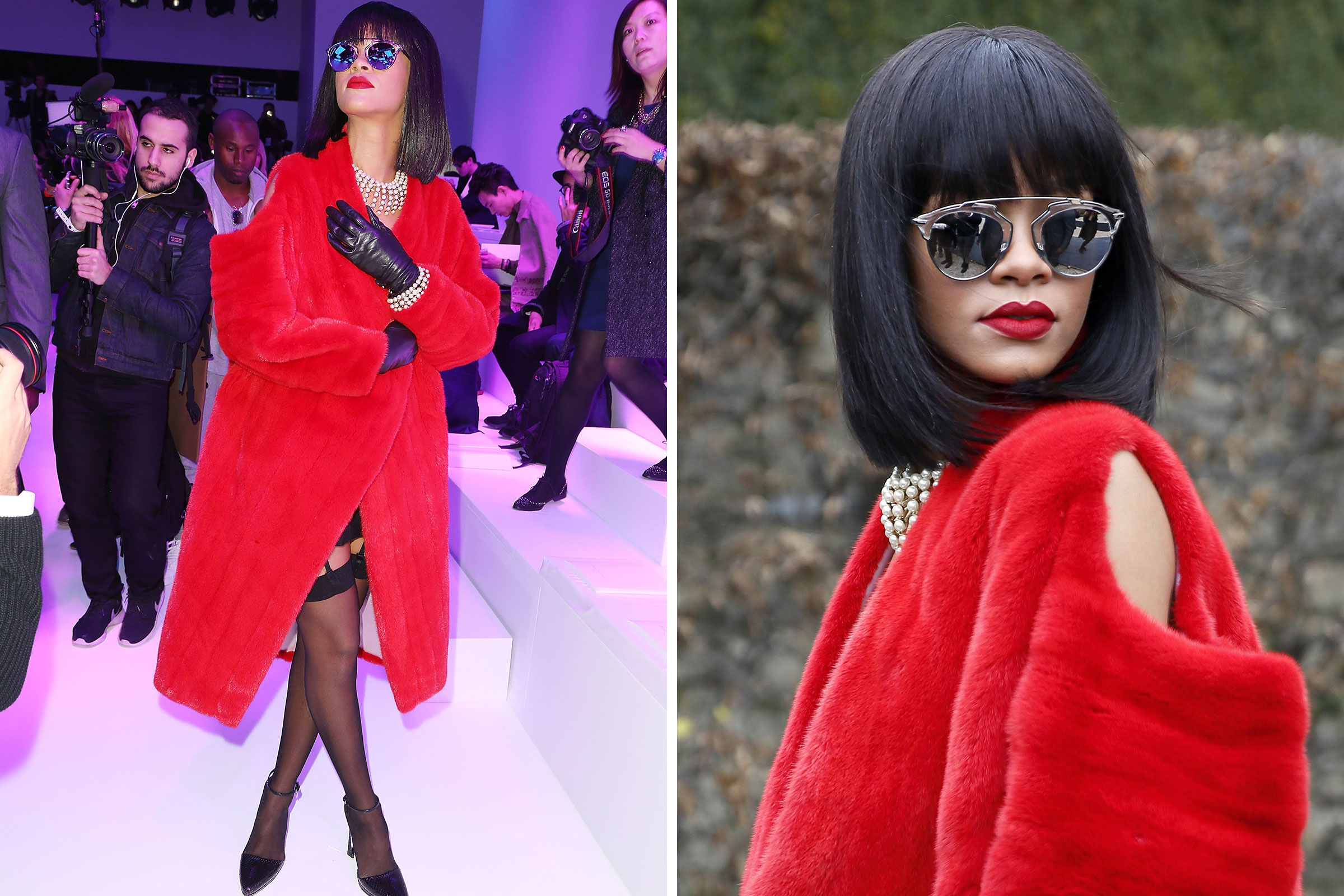 Rihanna attends the Christian Dior show as part of the Paris Fashion Week on Feb. 28, 2014. (Rindoff Petroff—Dufour/Getty Images; Patrick Kovarik—AFP/Getty Images)