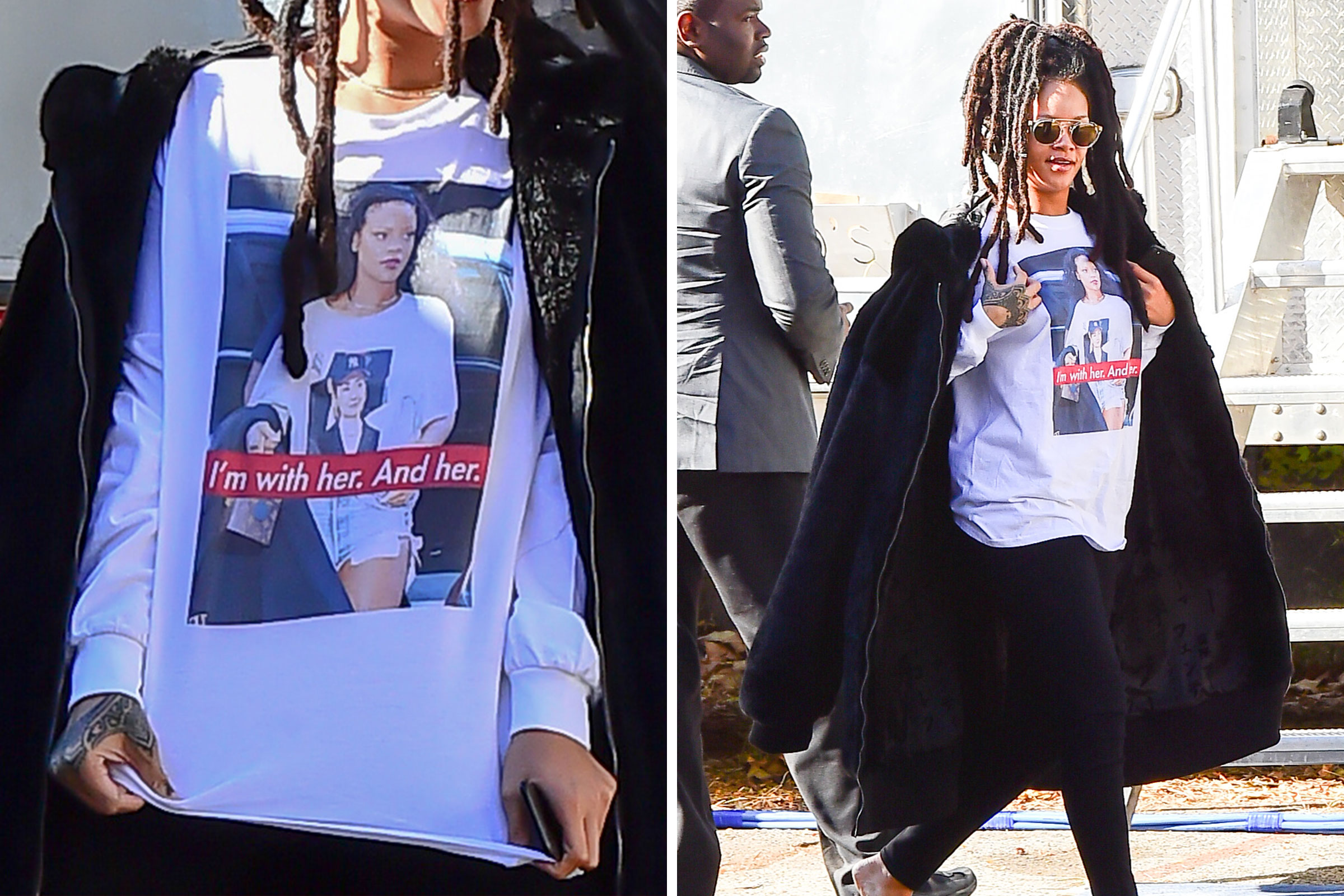 Rihanna arrived on "Ocean Eight" set in Brooklyn wearing a Hillary Clinton T-shirt on Nov. 8, 2016 (Raymond Hall—GC Images/Getty Images (2))
