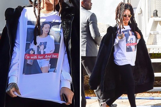 Rihanna arrived on "Ocean Eight" set in Brooklyn wearing a Hillary Clinton T-shirt on Nov. 8, 2016