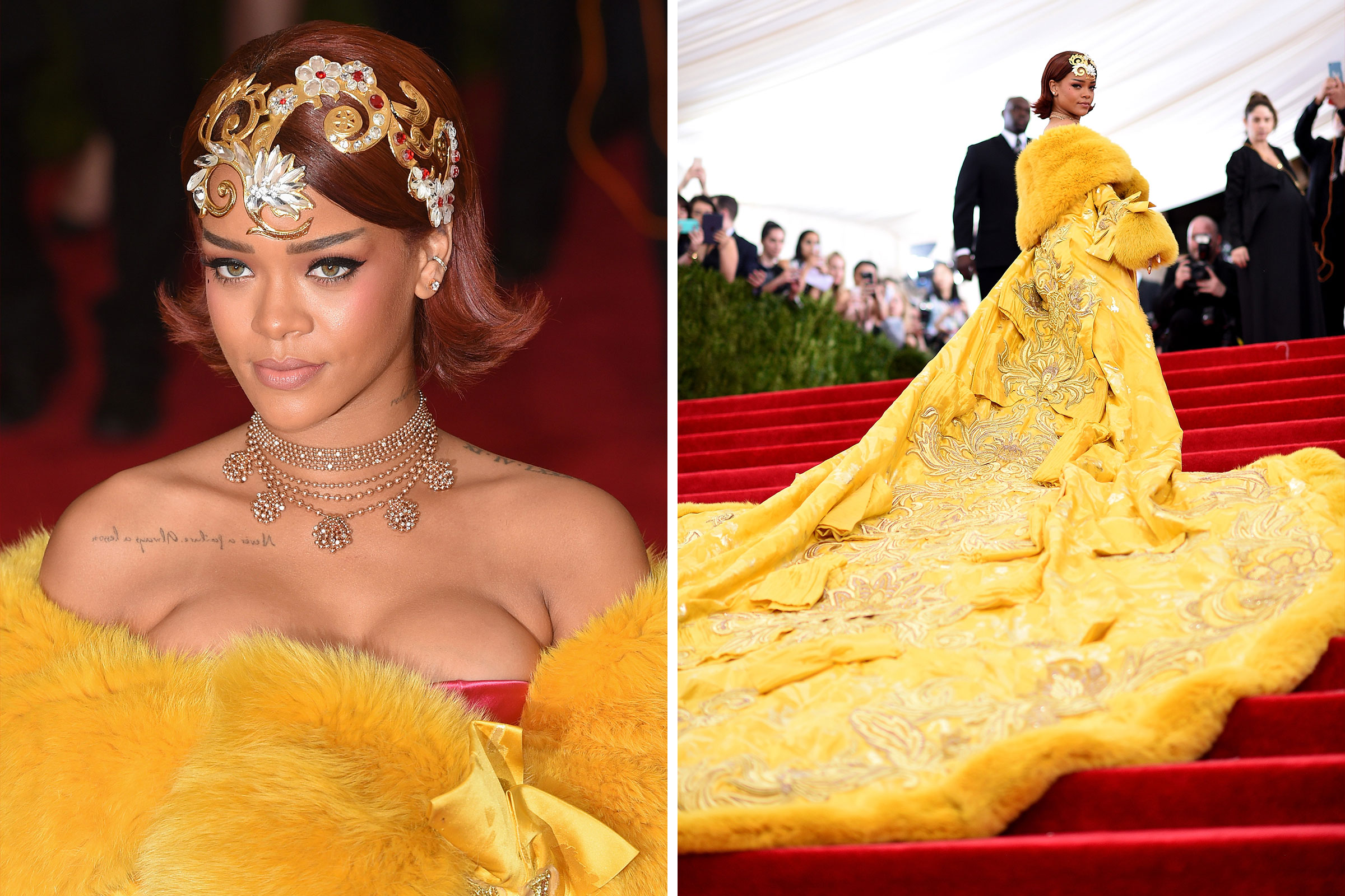 Rihanna attends the "China: Through The Looking Glass" Costume Institute Benefit Gala at Metropolitan Museum of Art on May 4, 2015. (Karwai Tang—WireImage/Getty Images; Dimitrios Kambouris—Getty Images)
