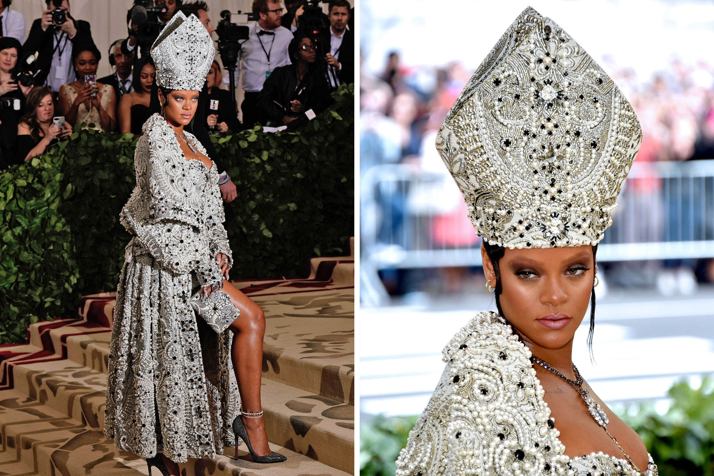 Rihanna attends the Heavenly Bodies: Fashion &amp; The Catholic Imagination Costume Institute Gala at The Metropolitan Museum of Art on May 7, 2018. (Jackson Lee/Getty Images; John Shearer —The Hollywood Reporter/Getty Images)