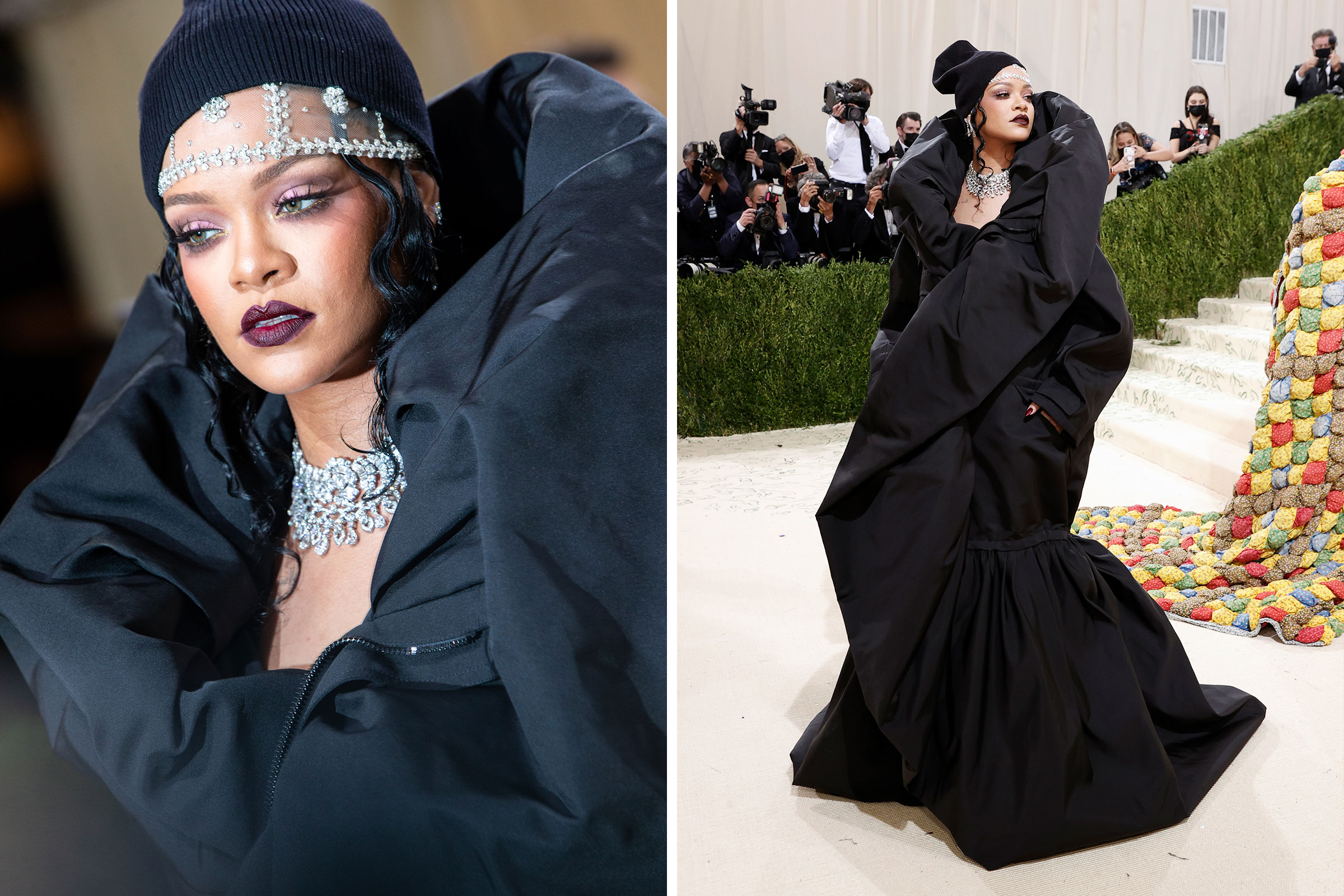Rihanna attends The 2021 Met Gala Celebrating In America: A Lexicon Of Fashion at Metropolitan Museum of Art on Sept. 13, 2021. (Lexie Moreland—WWD/Penske Media /Getty Images; Arturo Holmes—MG21/Getty Images)