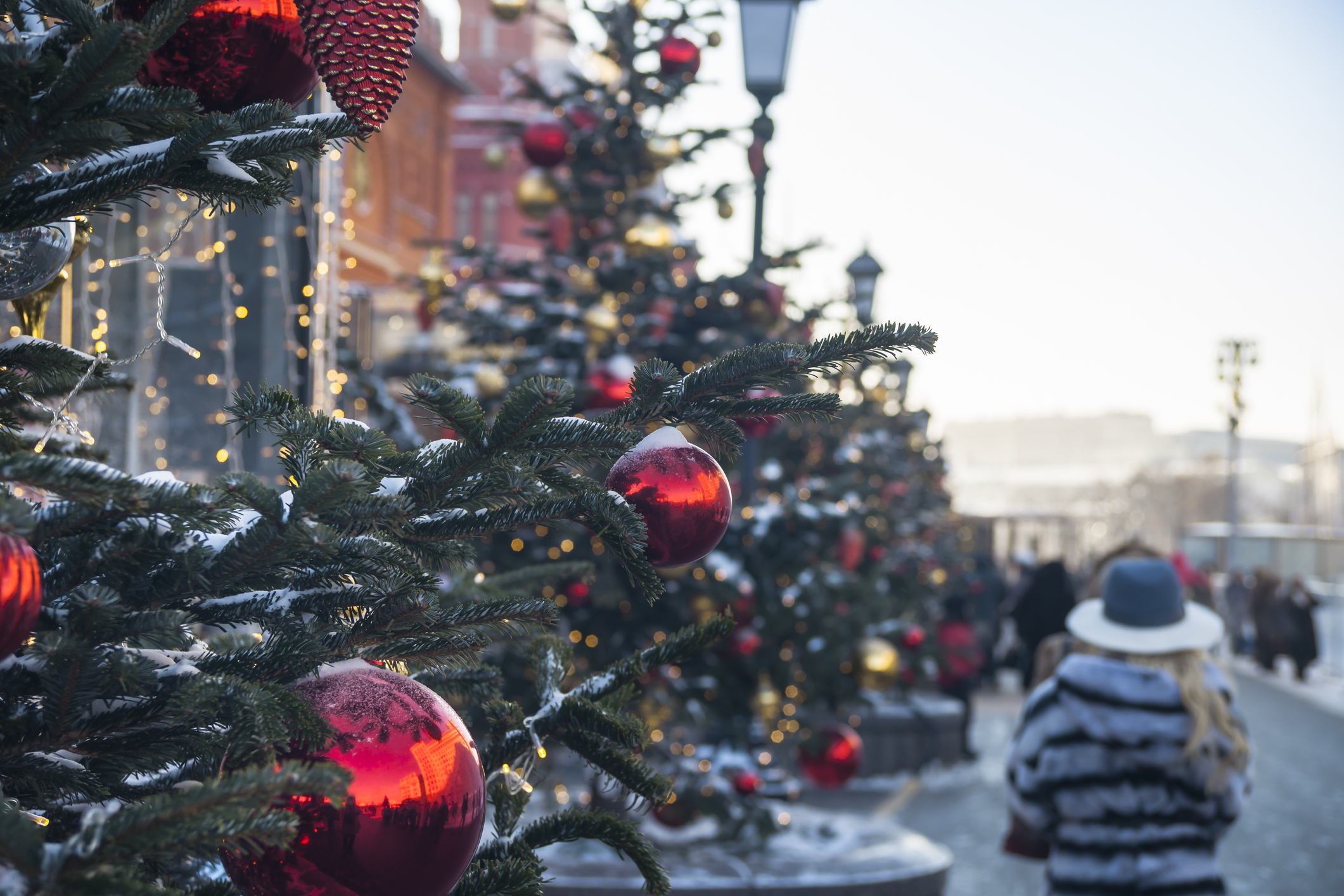 Row of decorated Christmas trees on the Red Square