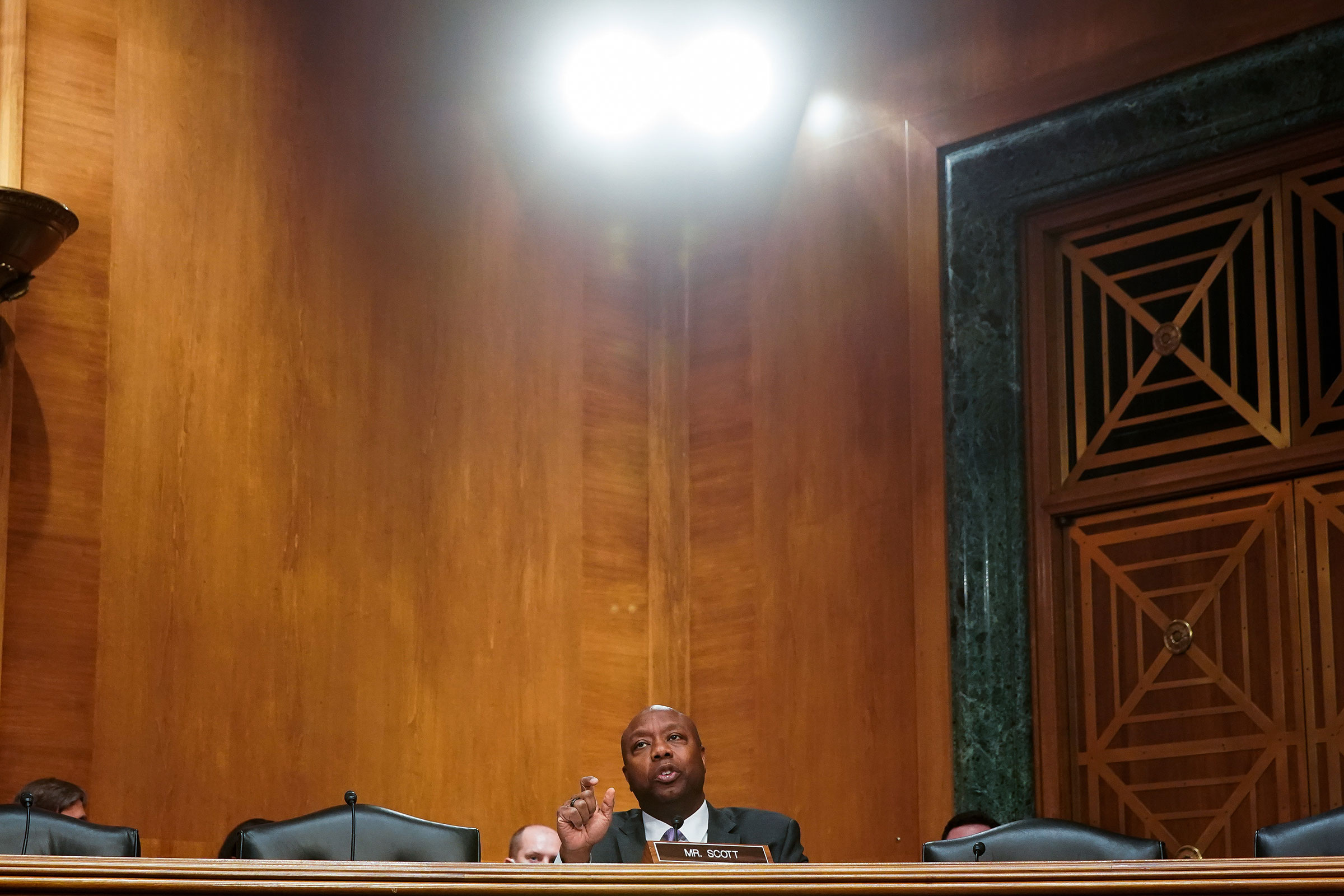 Senator Tim Scott speaks at a Senate Banking, Housing and Urban Affairs Committee hearing with U.S. Treasury Secretary Janet Yellen on the Financial Stability Oversight Council Annual Report to Congress on May 10, 2022.