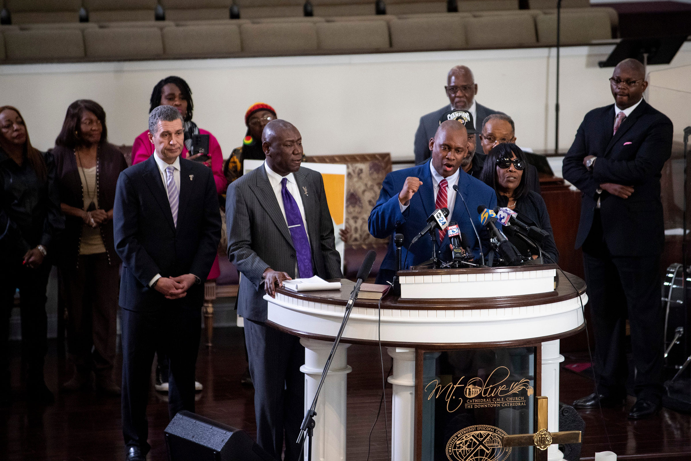 Van Turner, the president of the Memphis branch of NAACP, members of Tyre Nichols' family, and lawyers representing the family attend a press conference at Mt. Olive Cathedral CME Church in Memphis, Tenn., on Jan. 23, 2023.