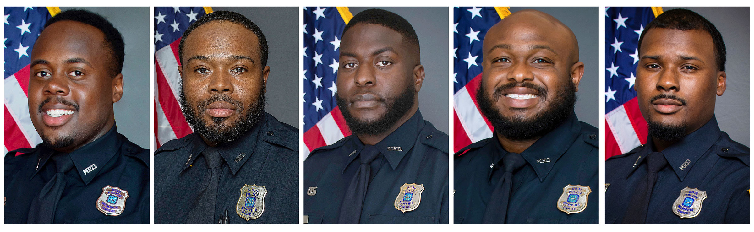 (L to R) Officers Tadarrius Bean, Demetrius Haley, Emmitt Martin III, Desmond Mills, Jr. and Justin Smith. The five former Memphis police officers have been charged with second-degree murder and other crimes in the arrest and death of Tyre Nichols. (Memphis Police Department/AP)