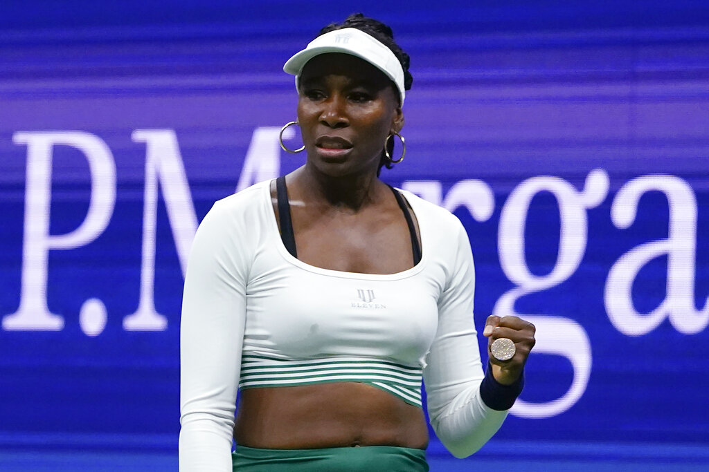Venus Williams, of the United States, reacts during her first-round doubles match with Serena Williams, against Lucie Hradecka and Linda Noskova, of the Czech Republic, at the U.S. Open tennis championships in New York on Sept. 1, 2022. (Frank Franklin II—AP)