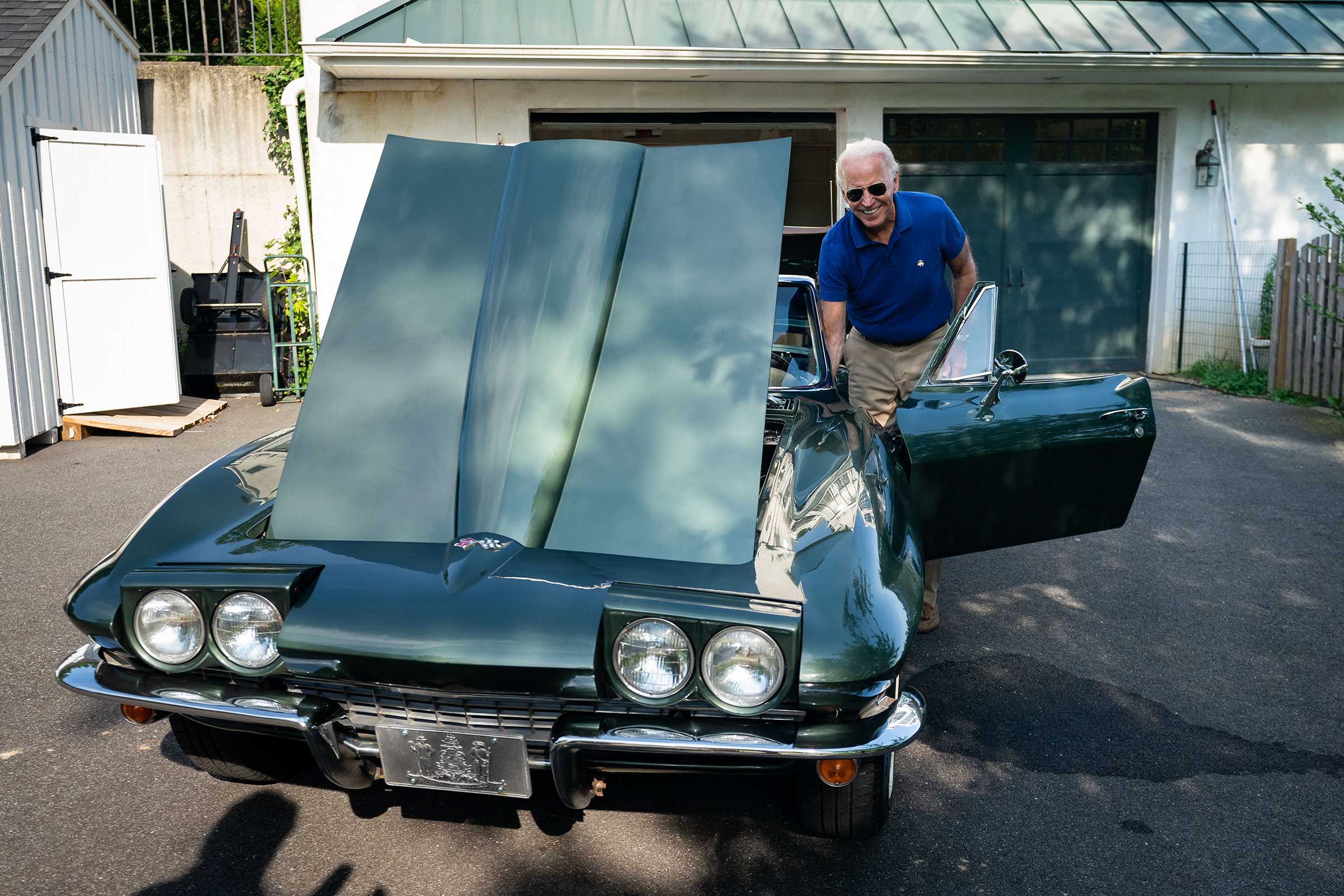 Classified documents were found as part of a personal library in the garage of President Joe Biden. Biden is pictured here with his Corvette Stingray in Wilmington, DE on July 16, 2020. (Adam Schultz—Biden for President)