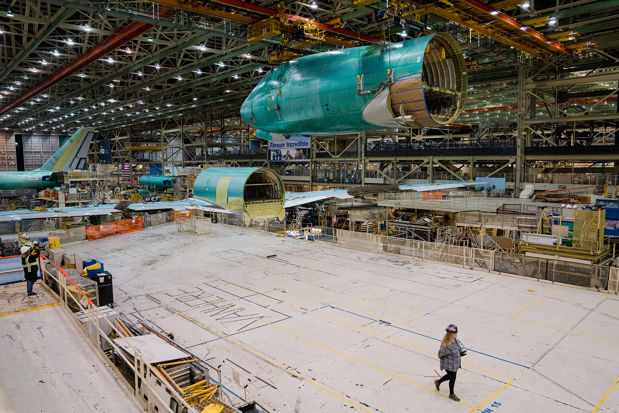 The Boeing factory, where the last 747 jumbo jet was built, in Everett, Wash., Sept. 28, 2022. The "Queen of the Skies" brought air travel to the masses, but its half-century run is coming to an end. (Jovelle Tamayo—The New York Times/Redux)