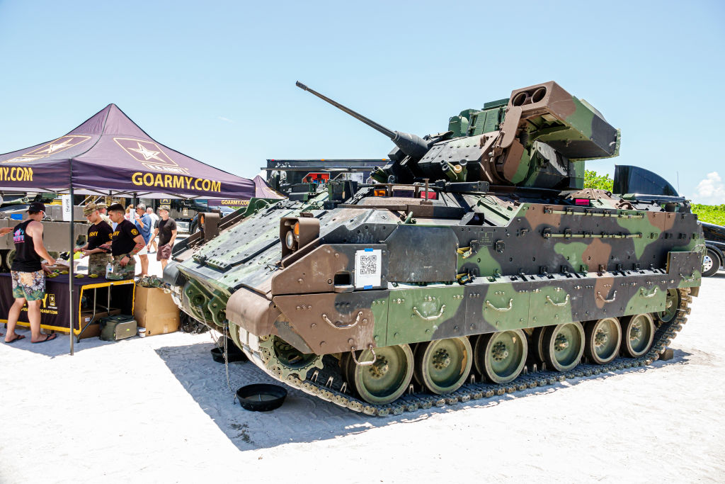 A Bradley Fighting Vehicle is displayed at a show in Miami Beach, Florida (Jeffrey Greenberg—Universal Images Group/Getty Images)