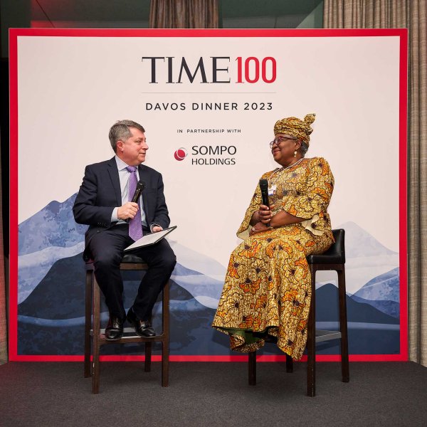 Ngozi Okonjo-Iweala, director-general of the WTO (R) speaks to TIME's Editor-in-Chief Edward Felsenthal at the TIME 100 dinner in Davos on Jan. 17, 2023.