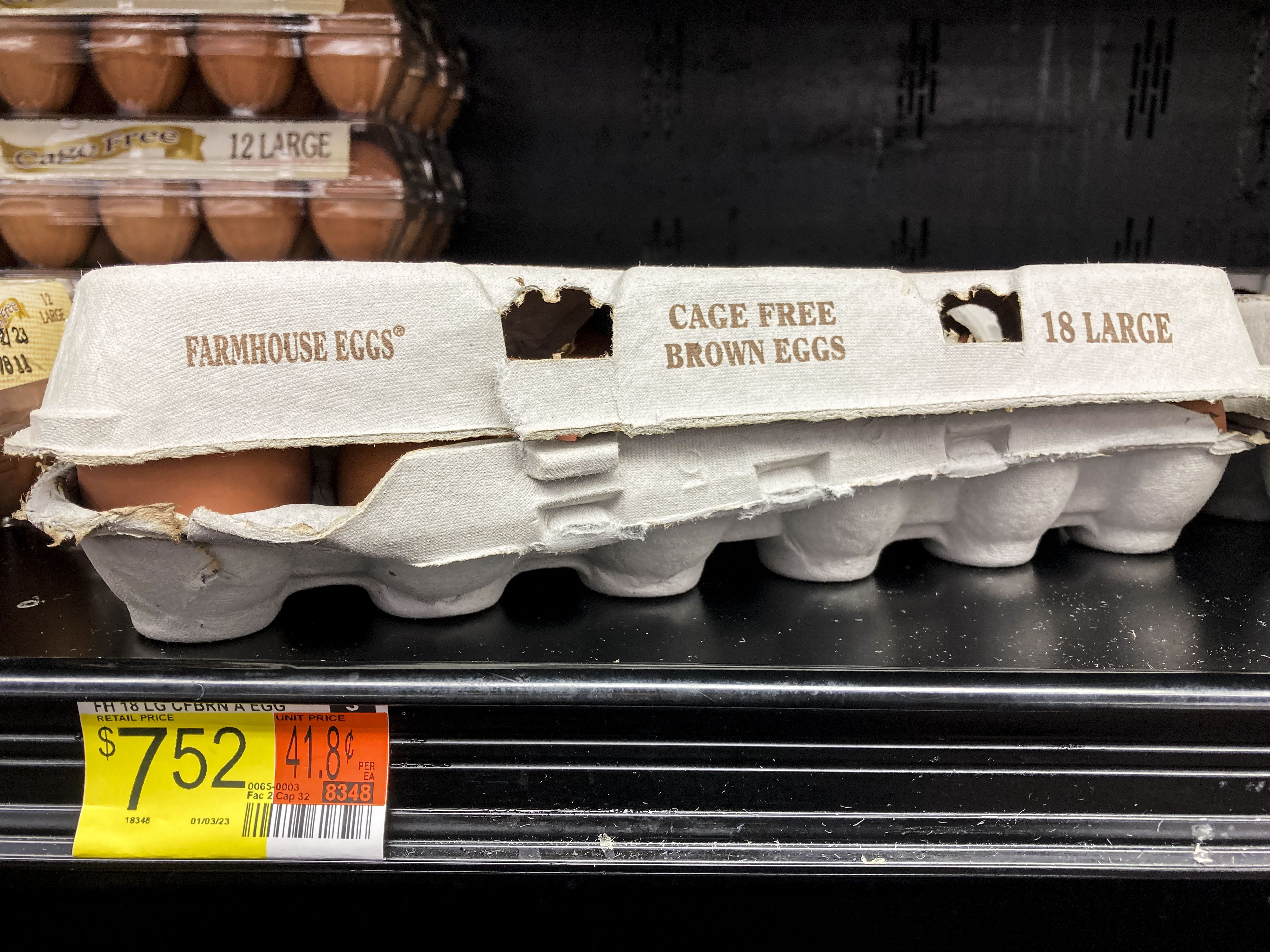 Eggs are displayed at a grocery store, Wednesday, Jan. 11, 2023, in Marietta, Ga. The national average price for a dozen eggs hit $4.25 in December, up from $1.79 a year earlier, according to the latest government data. (Mike Stewart––AP Photo)