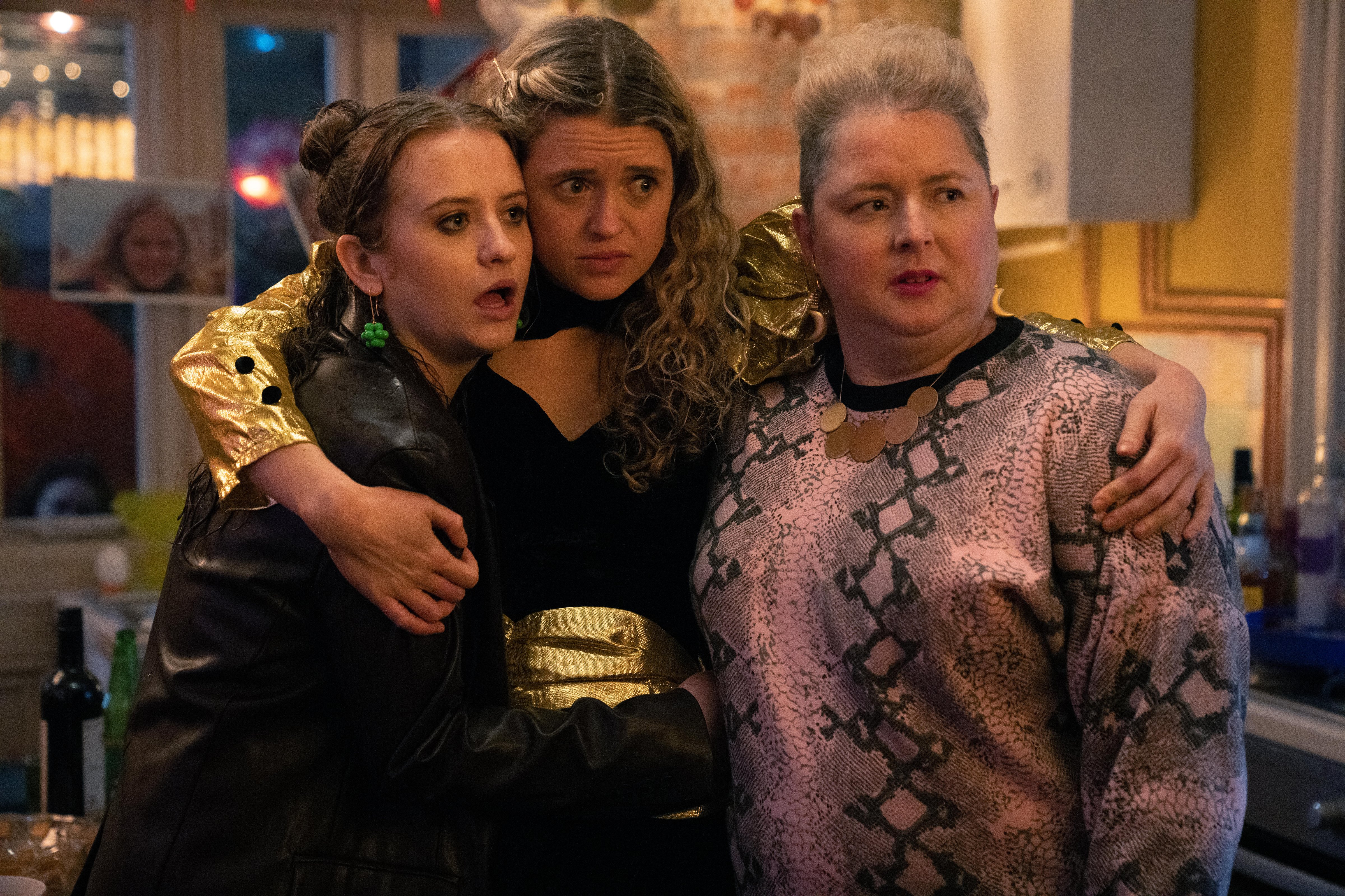 From left: Mairead Tyers, Sofia Oxenham, and Siobhan McSweeney in <i>Extraordinary</i> (Natalie Seery—Disney+)