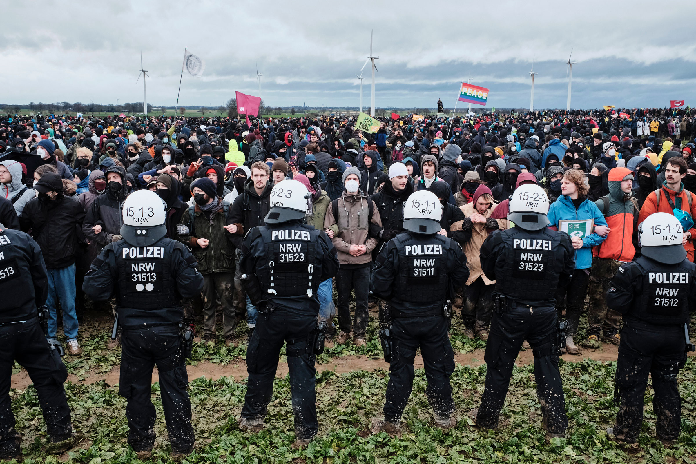 Protestors demonstrate near the Garzweiler II opencast mine in Lützerath, Germany, on Jan. 14, 2023.