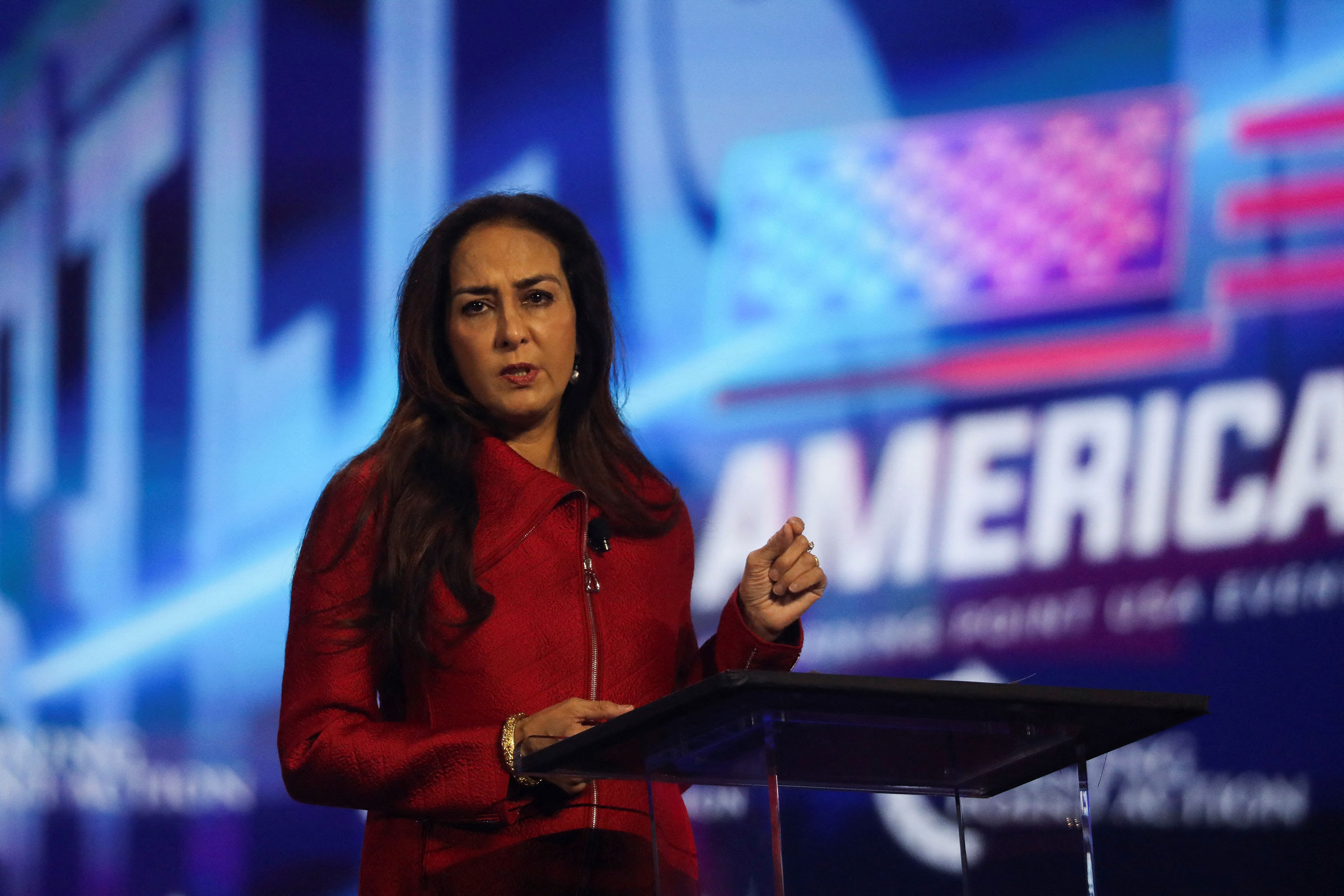 Attorney Harmeet Dhillon, a candidate for chairperson of the Republican National Committee, speaks during a right-wing gathering known as America Fest, an event organised by Turning Point USA, in Phoenix, Ariz., on Dec. 20, 2022. (Jim Urquhart—Reuters)