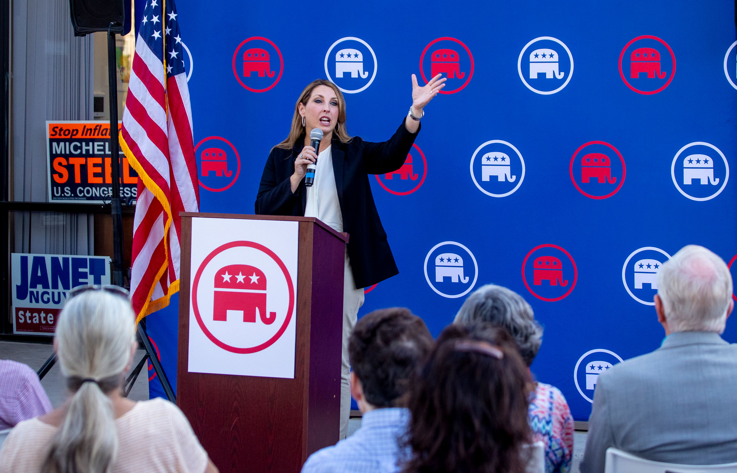 Republican National Committee Chairwoman Ronna McDaniel speaks at a rally ahead of the November elections in Newport Beach, Calif., on Sept. 26, 2022. (Allen J. Schaben—Los Angeles Times/Getty Images)