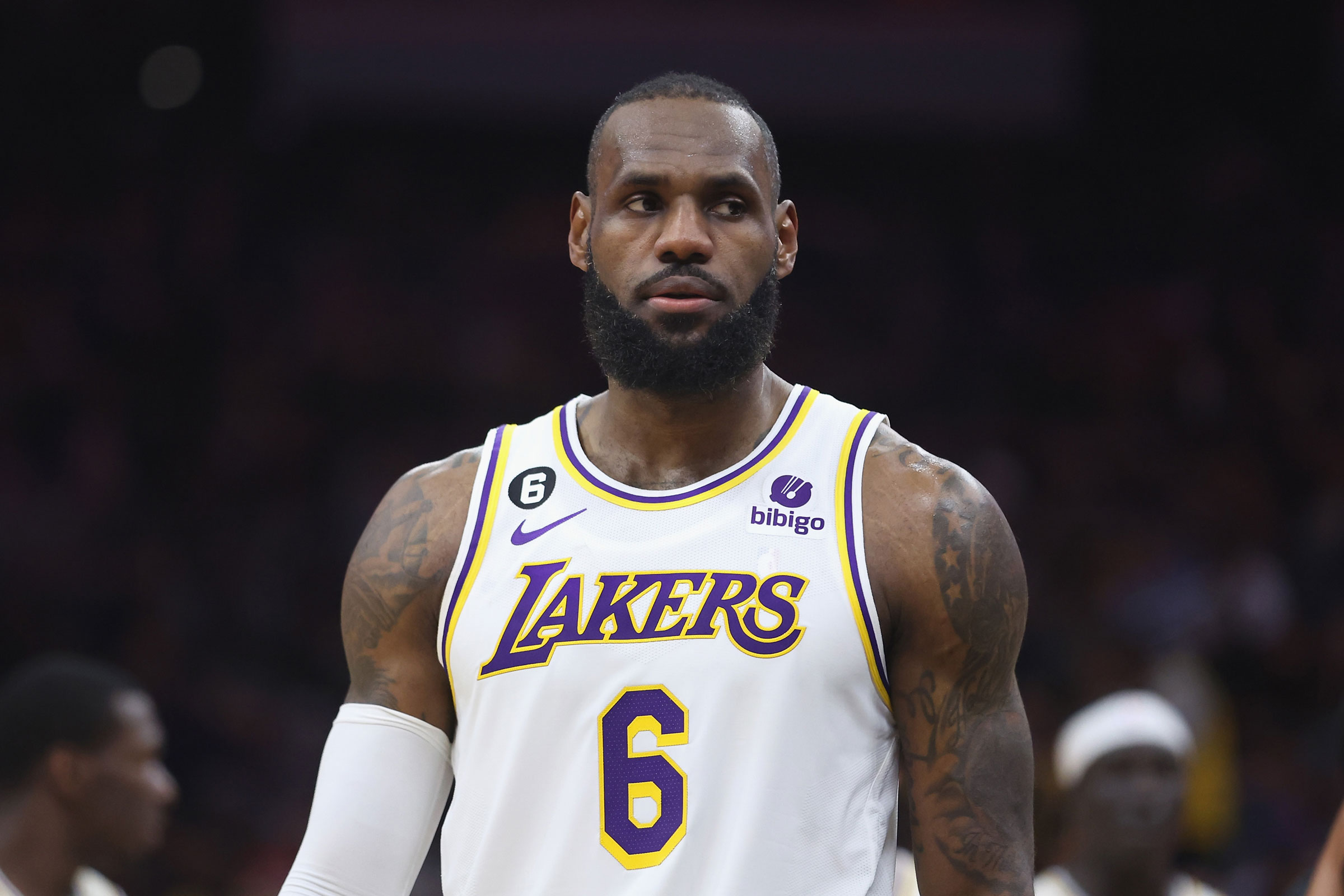 LeBron James of the Los Angeles Lakers looks on in the second quarter against the Sacramento Kings at Golden 1 Center in Sacramento on Jan. 7, 2023.