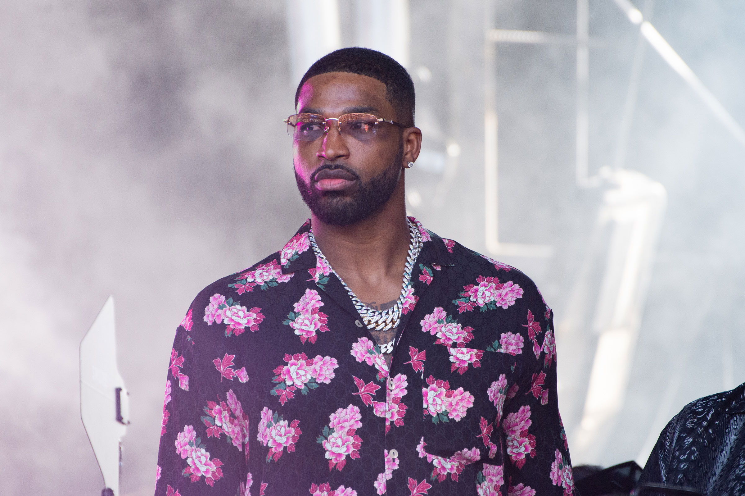 Tristan Thompson watches the Giveon concert from the side of the main stage during Wireless Festival at Finsbury Park in London on July 08, 2022.