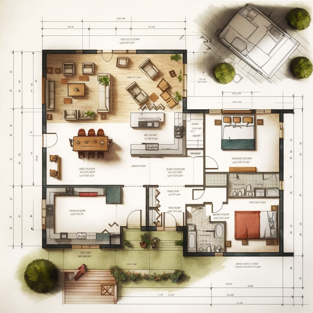 An image created via the AI program Midjourney from Sean Ellul's prompt: "create a floor plan sketch with measurements and dimensions of a house plan built on one floor including two bedrooms three bathrooms kitchen and living and a garden. Include furnishing." (Sean Ellul)